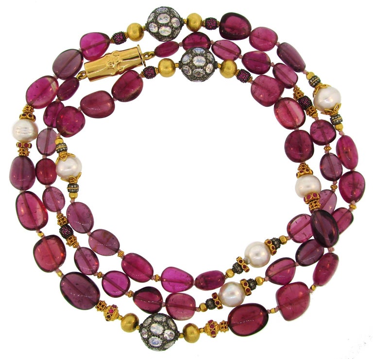 Verdura Multi Gems Bead Pearl Strand Necklace with Yellow Gold Bamboo