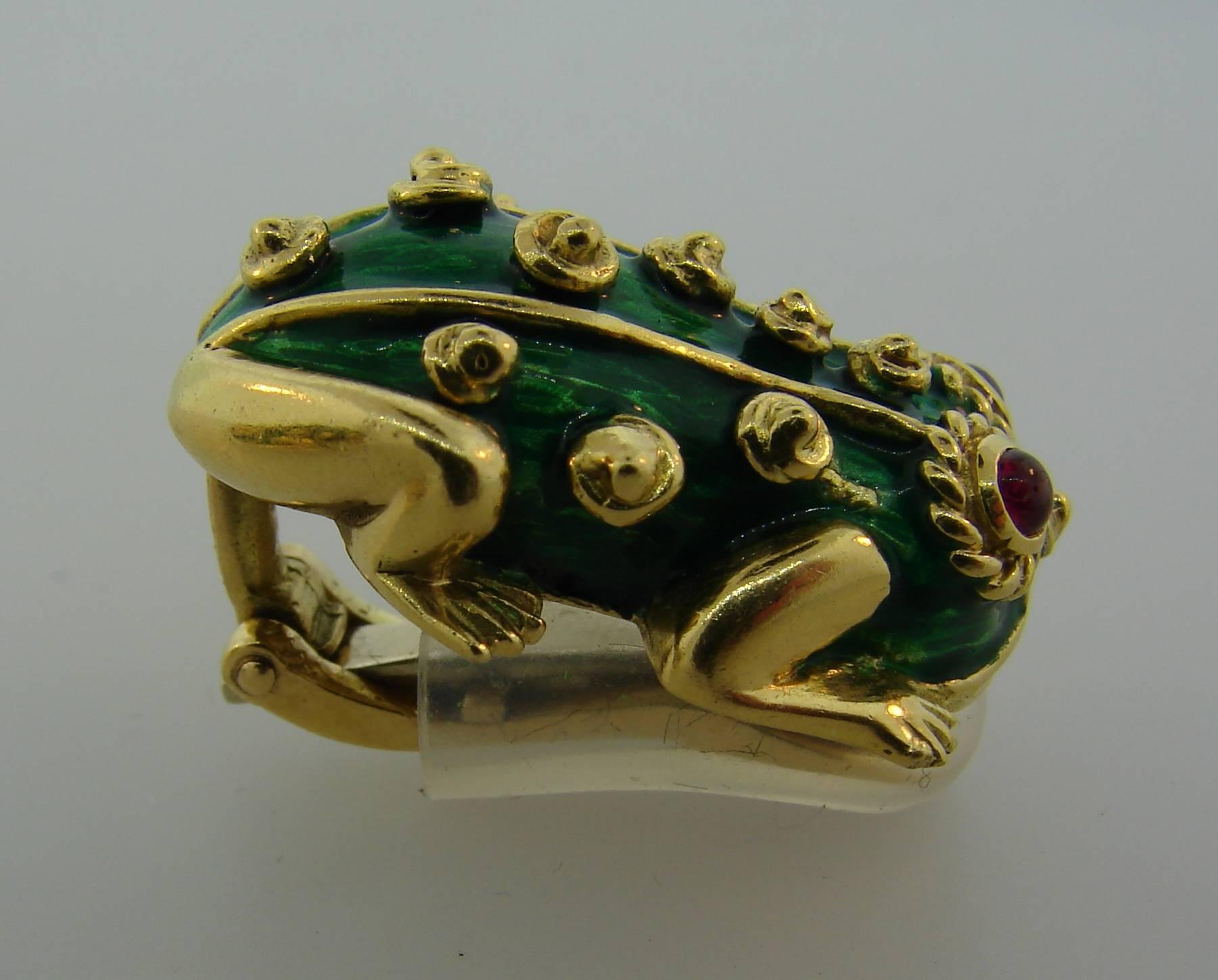 Women's 1980s David Webb Ruby Enamel Yellow Gold Frog Earrings