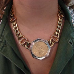 Bulgari Gold Coin Pendant on Link Chain Necklace