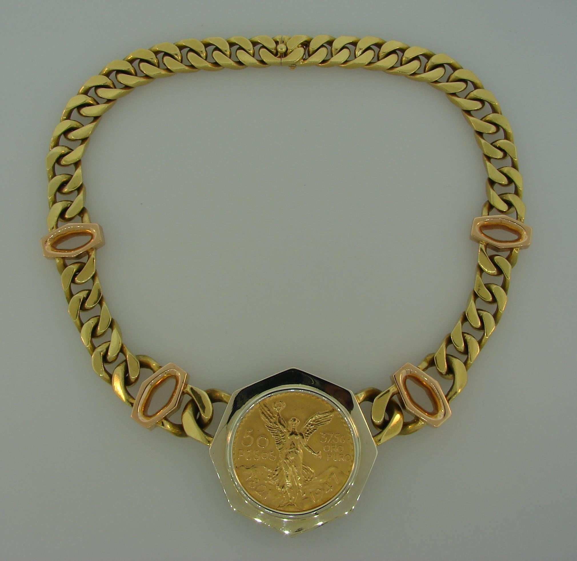 Bulgari Gold Coin Pendant on Link Chain Necklace In Excellent Condition In Beverly Hills, CA