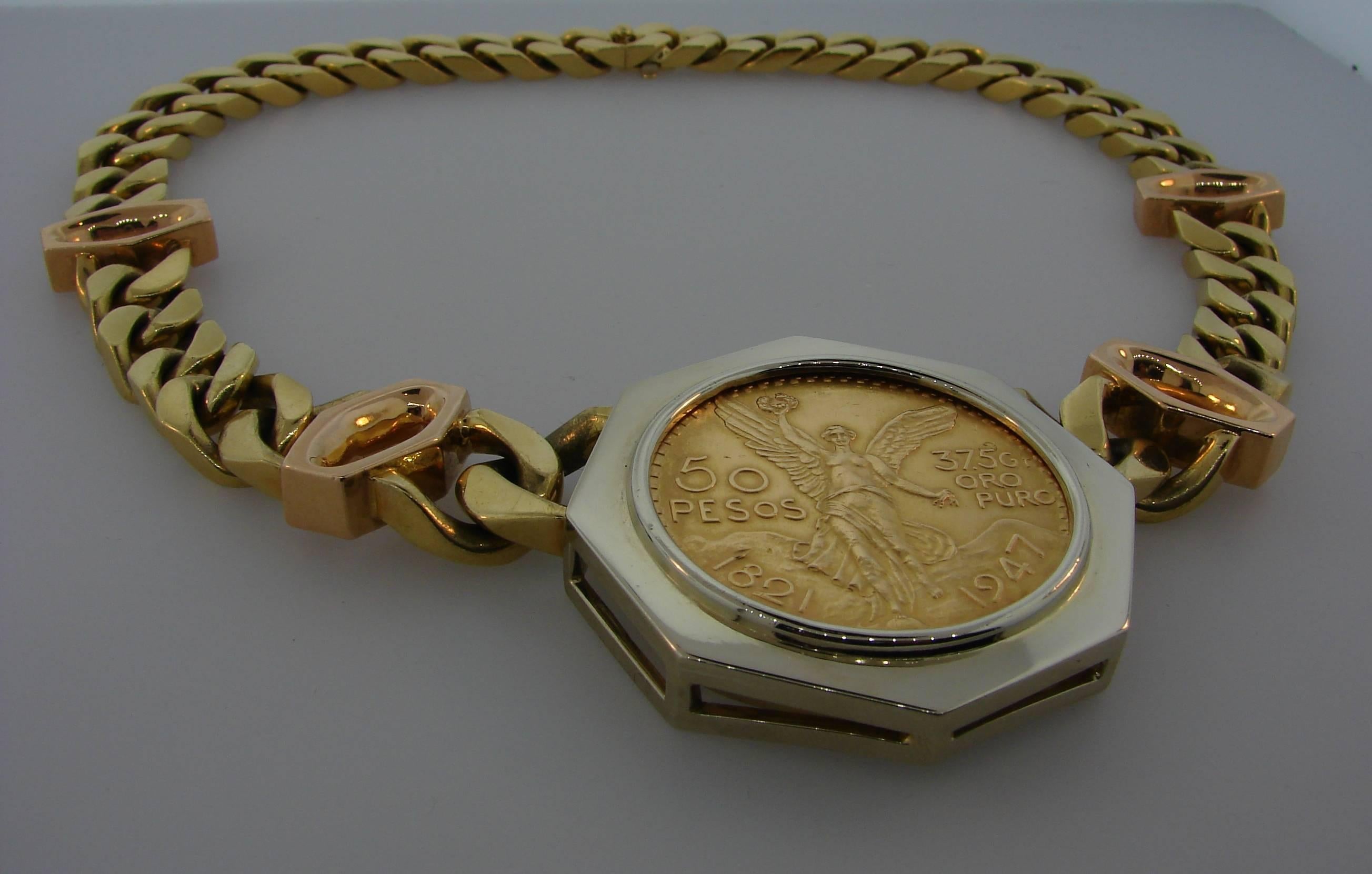 Women's or Men's Bulgari Gold Coin Pendant on Link Chain Necklace