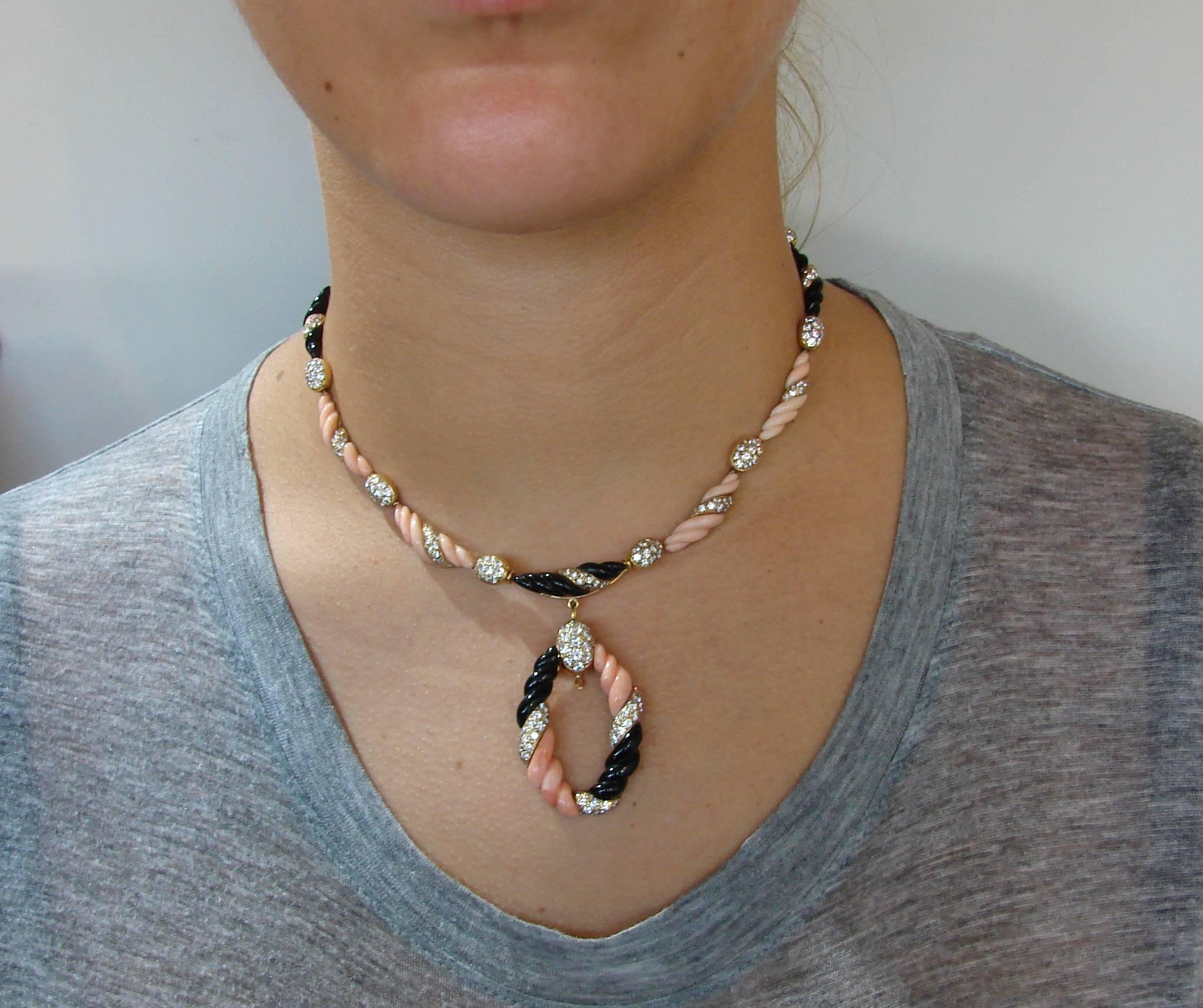 Women's Boucheron Paris Coral Onyx Diamond Gold Necklace Earrings Set 1970s For Sale