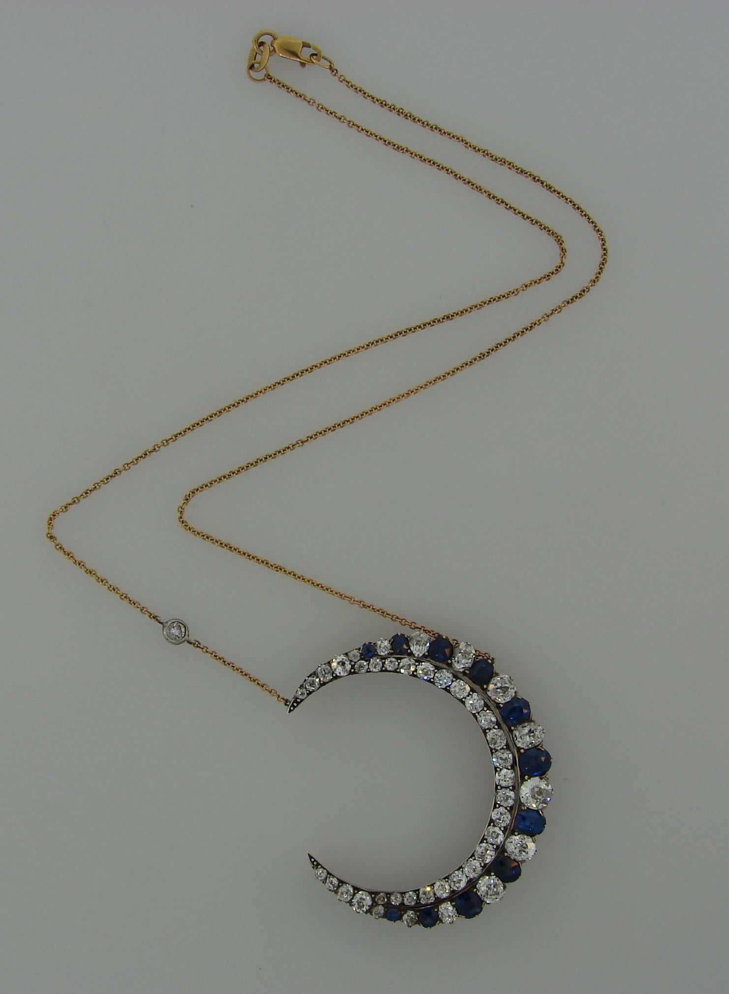 Victorian Sapphire Diamond Yellow Gold Silver Crescent Pendant Necklace, 1900s In Excellent Condition In Beverly Hills, CA
