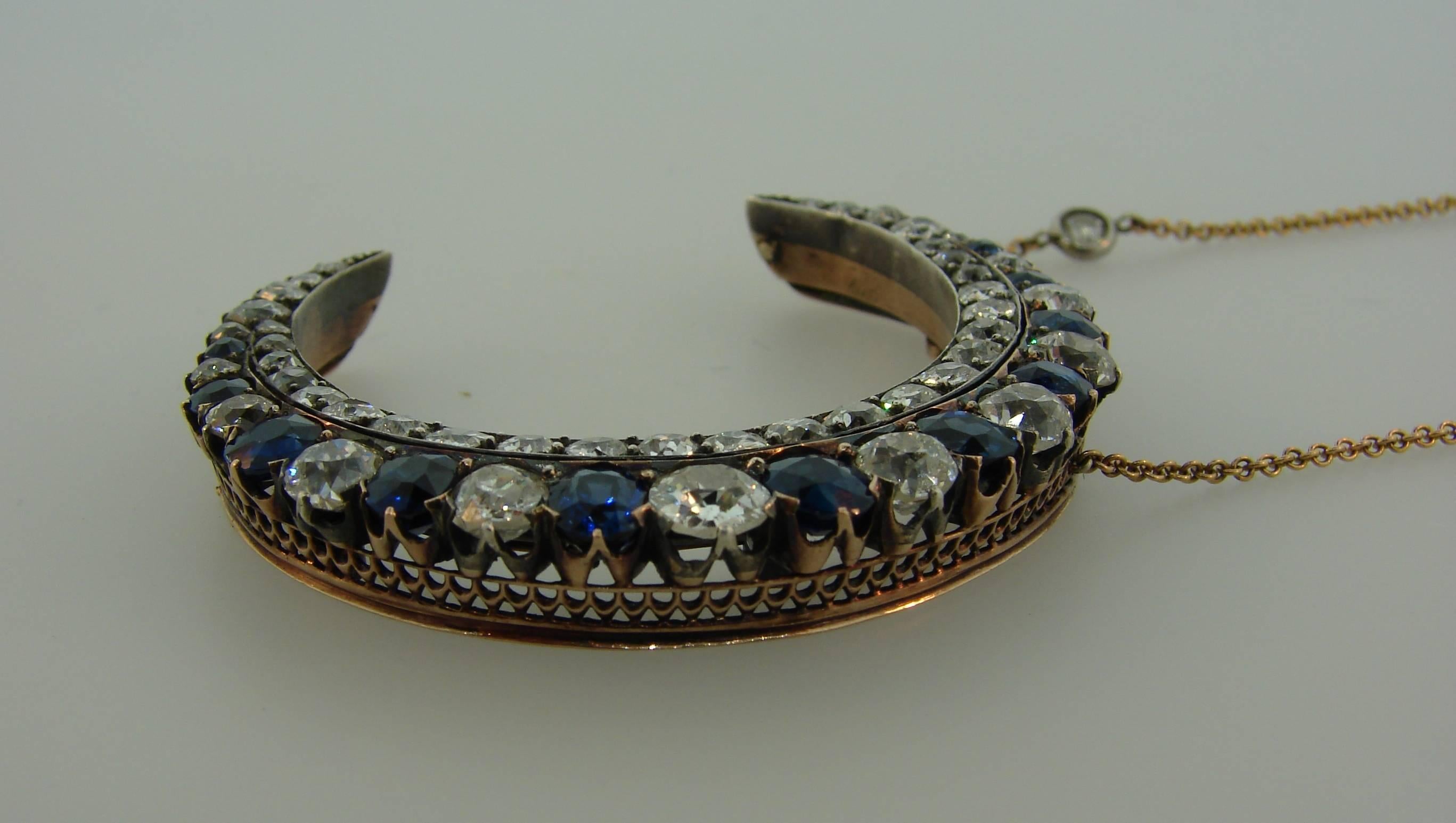 Victorian Sapphire Diamond Yellow Gold Silver Crescent Pendant Necklace, 1900s 1