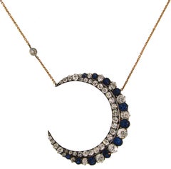 Antique Victorian Sapphire Diamond Yellow Gold Silver Crescent Pendant Necklace, 1900s