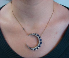 Victorian Sapphire Diamond Yellow Gold Silver Crescent Pendant Necklace, 1900s