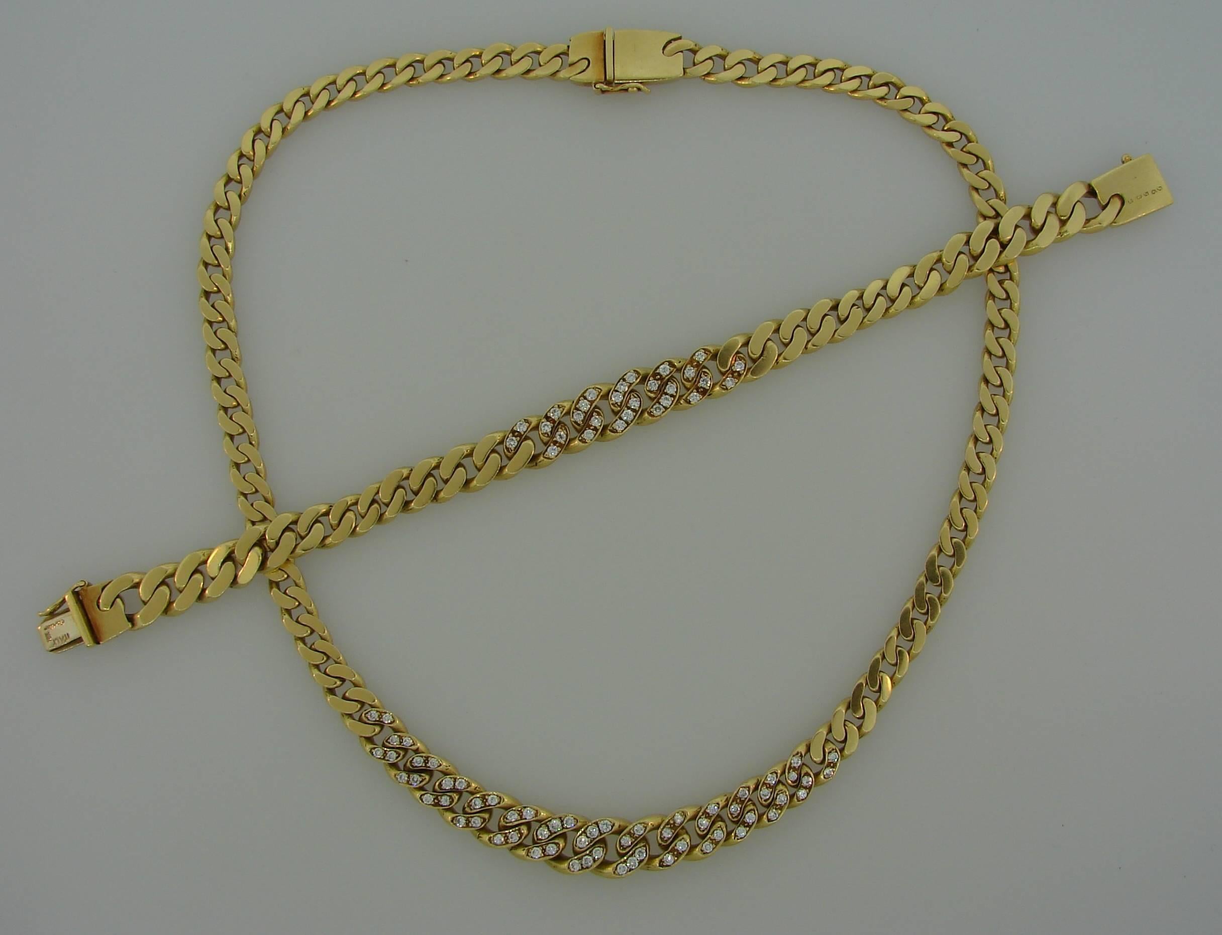 Nice and heavy diamond and yellow gold set consisting of a necklace and a bracelet created by Cartier in Italy in the 1970s. Classy, timeless and wearable, the set is a great addition to your jewelry collection. 
Made of 18 karat yellow gold and