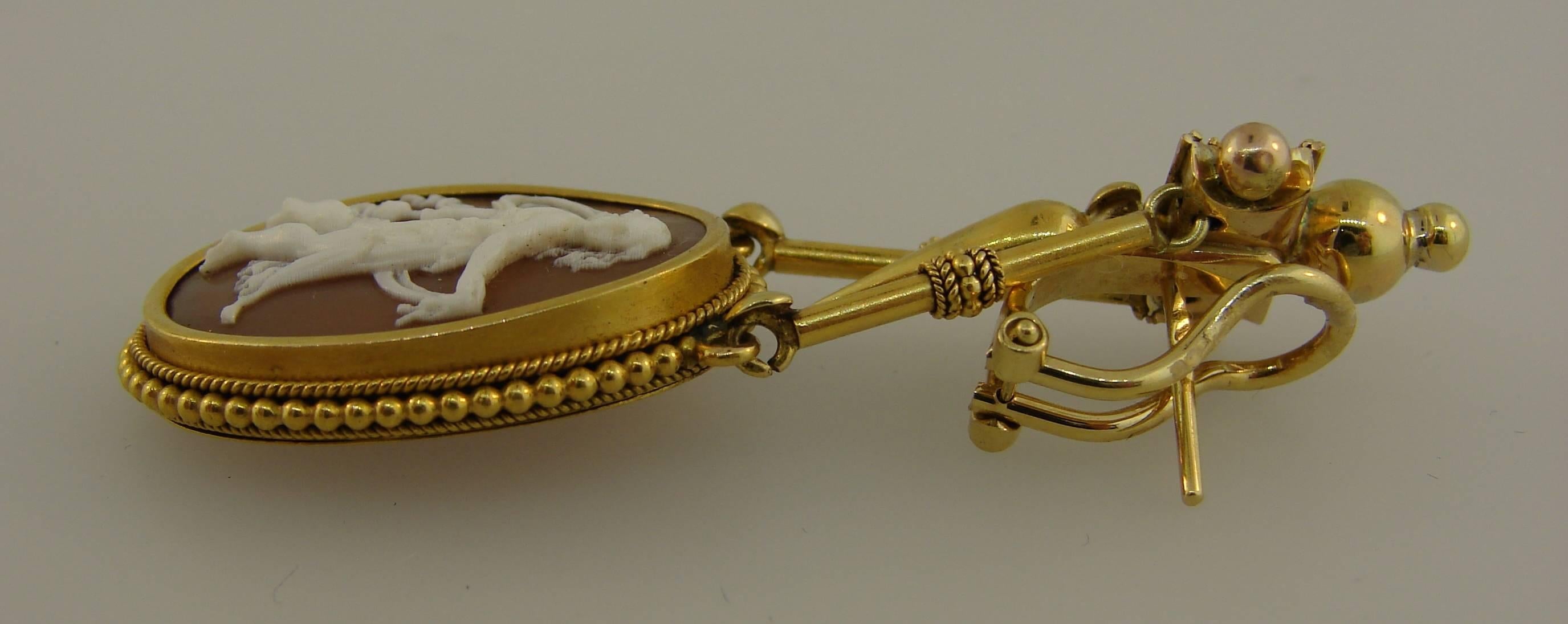 Etruscan Shell Cameo Yellow Gold Dangle Earrings, Victorian 1900s 2