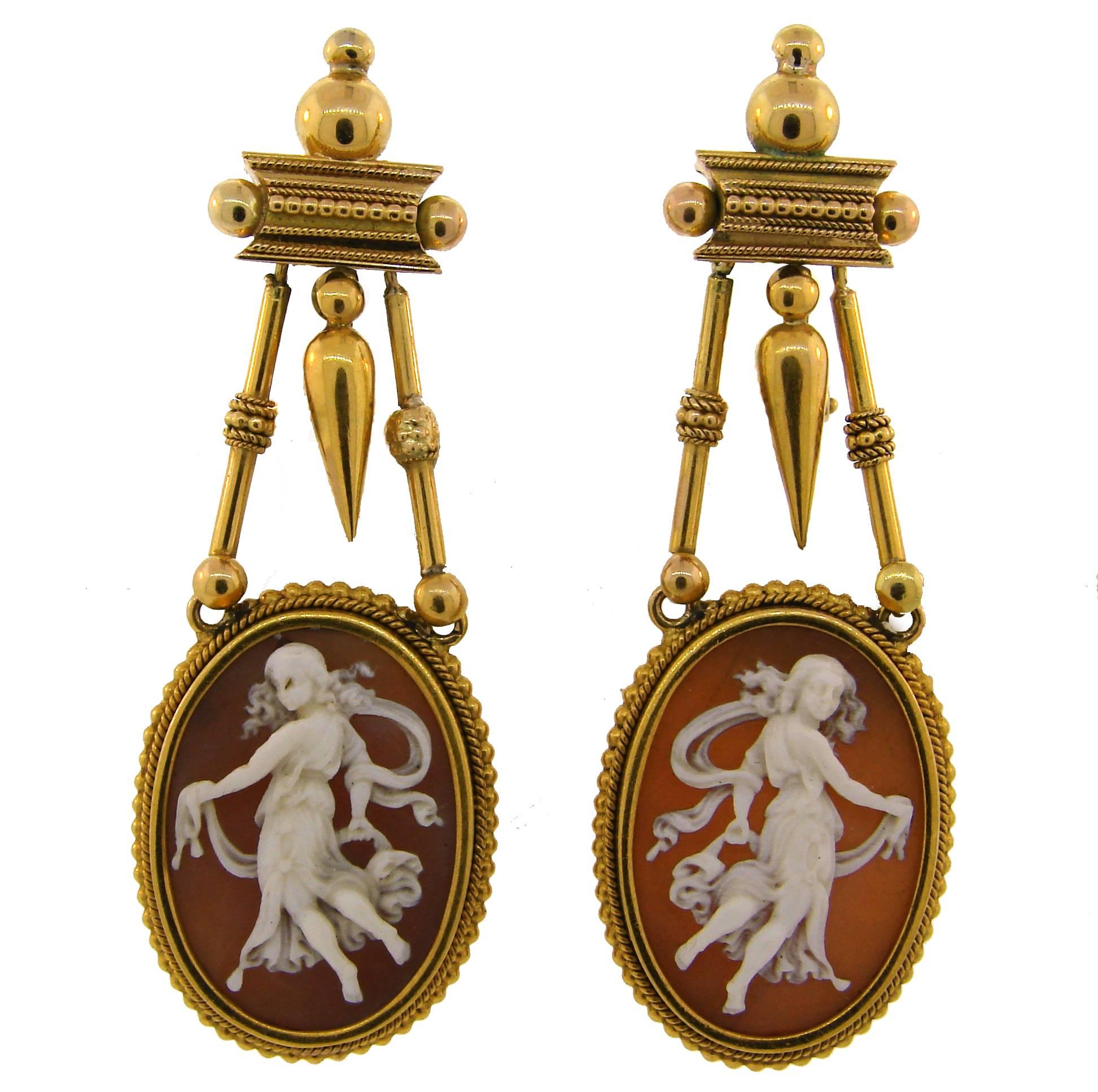 Etruscan Shell Cameo Yellow Gold Dangle Earrings, Victorian 1900s