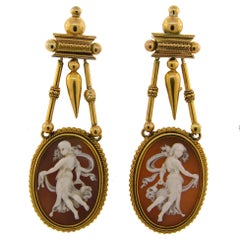 Antique Etruscan Shell Cameo Yellow Gold Dangle Earrings, Victorian 1900s