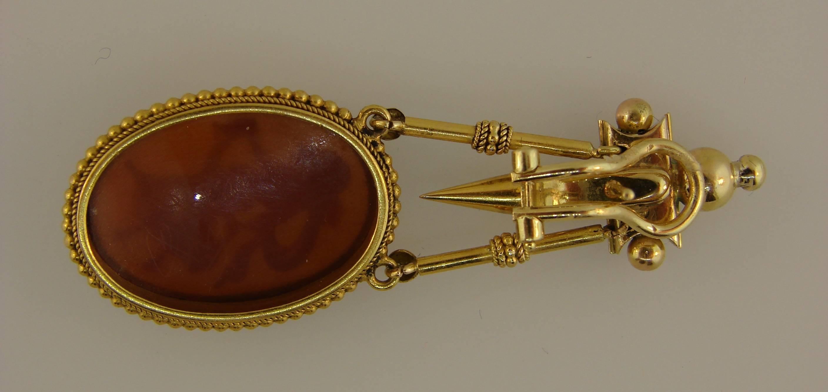Etruscan Shell Cameo Yellow Gold Dangle Earrings, Victorian 1900s 1