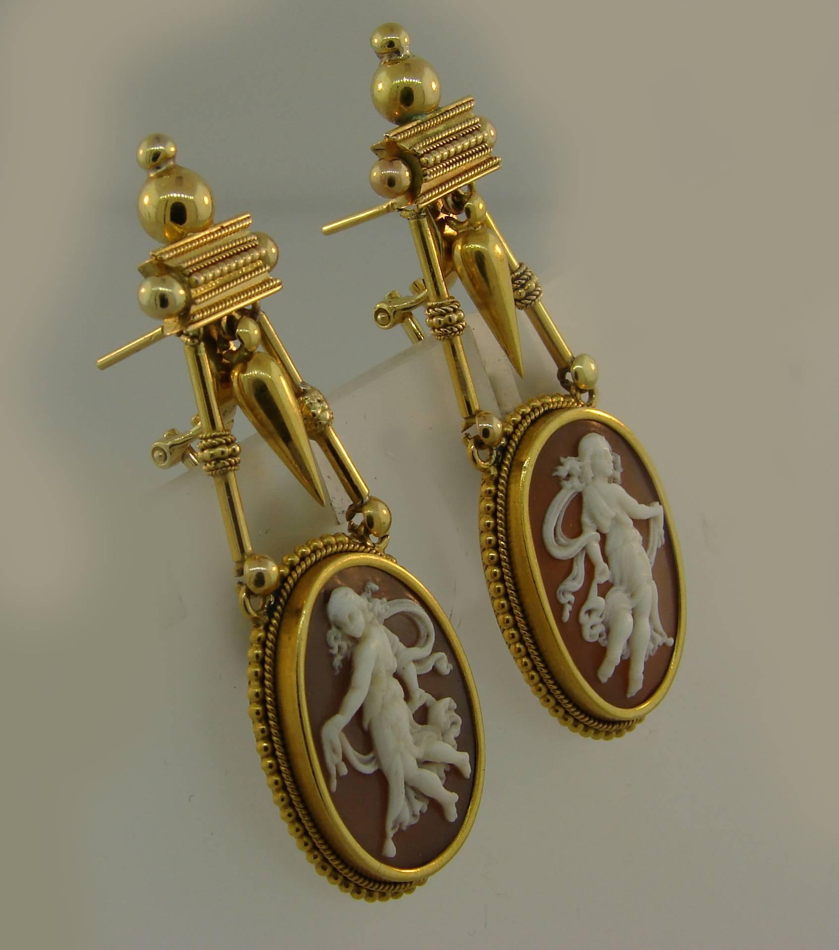 Women's Etruscan Shell Cameo Yellow Gold Dangle Earrings, Victorian 1900s