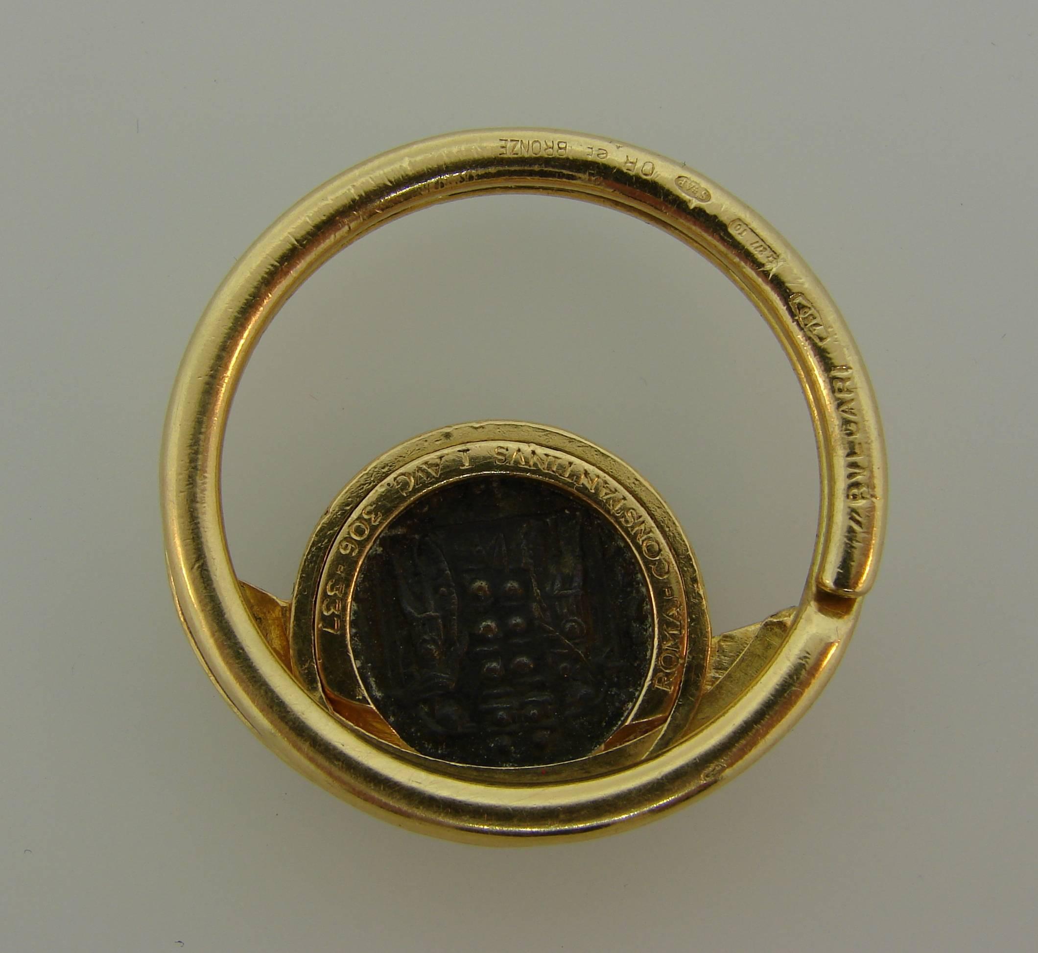 1970s Bulgari Ancient Roman Bronze Coin Yellow Gold Money Clip Key Holder In Excellent Condition In Beverly Hills, CA