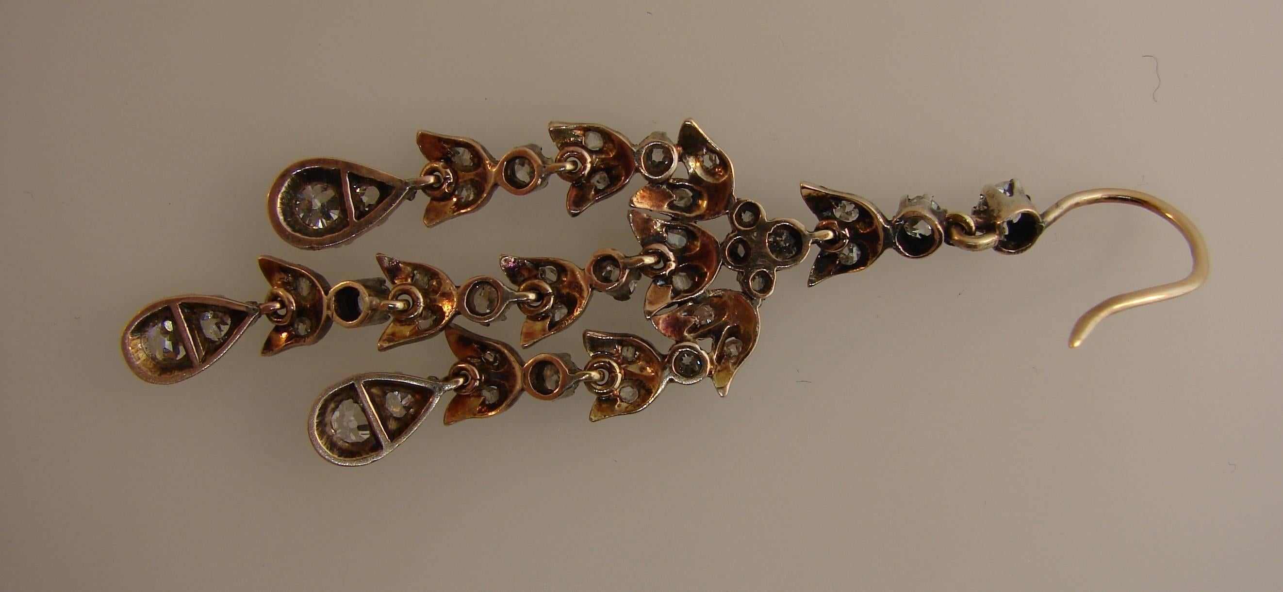 Women's Diamond Silver Yellow Gold Dangle Earrings, Victorian Antique