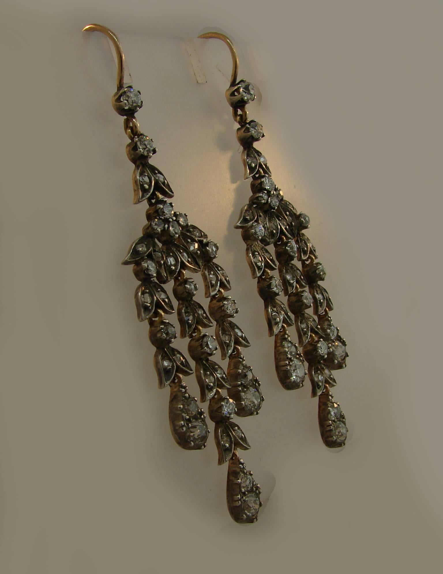 Diamond Silver Yellow Gold Dangle Earrings, Victorian Antique In Good Condition In Beverly Hills, CA
