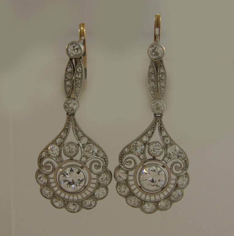 Women's Diamond Platinum Dangle Earrings, Art Deco For Sale