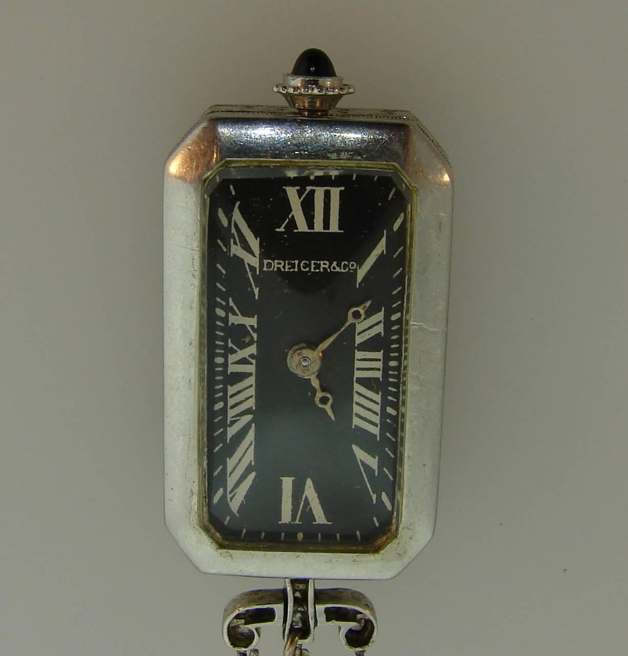 Dreicer & Co. Lady's Platinum Diamond Onyx Pendant Watch Necklace In Good Condition In Beverly Hills, CA