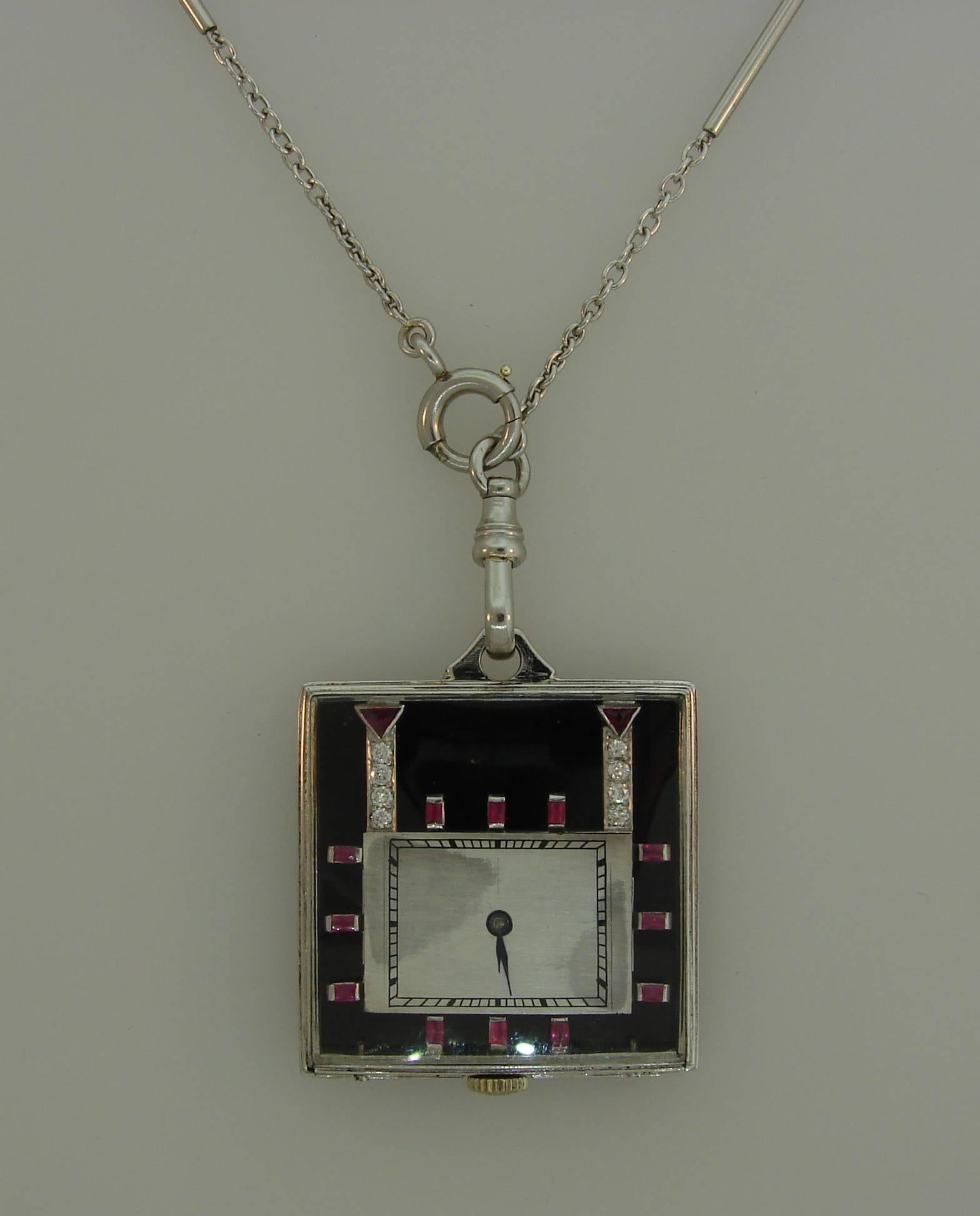 Women's Platinum Diamond Ruby Black Onyx Pearl Pendant Watch Necklace, 1950s