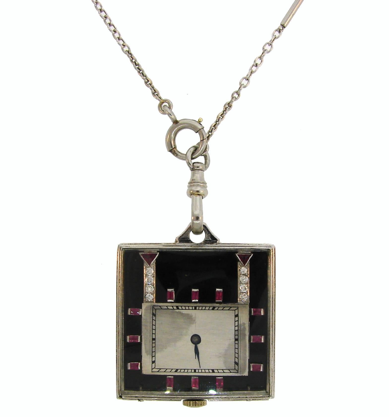 Platinum Diamond Ruby Black Onyx Pearl Pendant Watch Necklace, 1950s 4