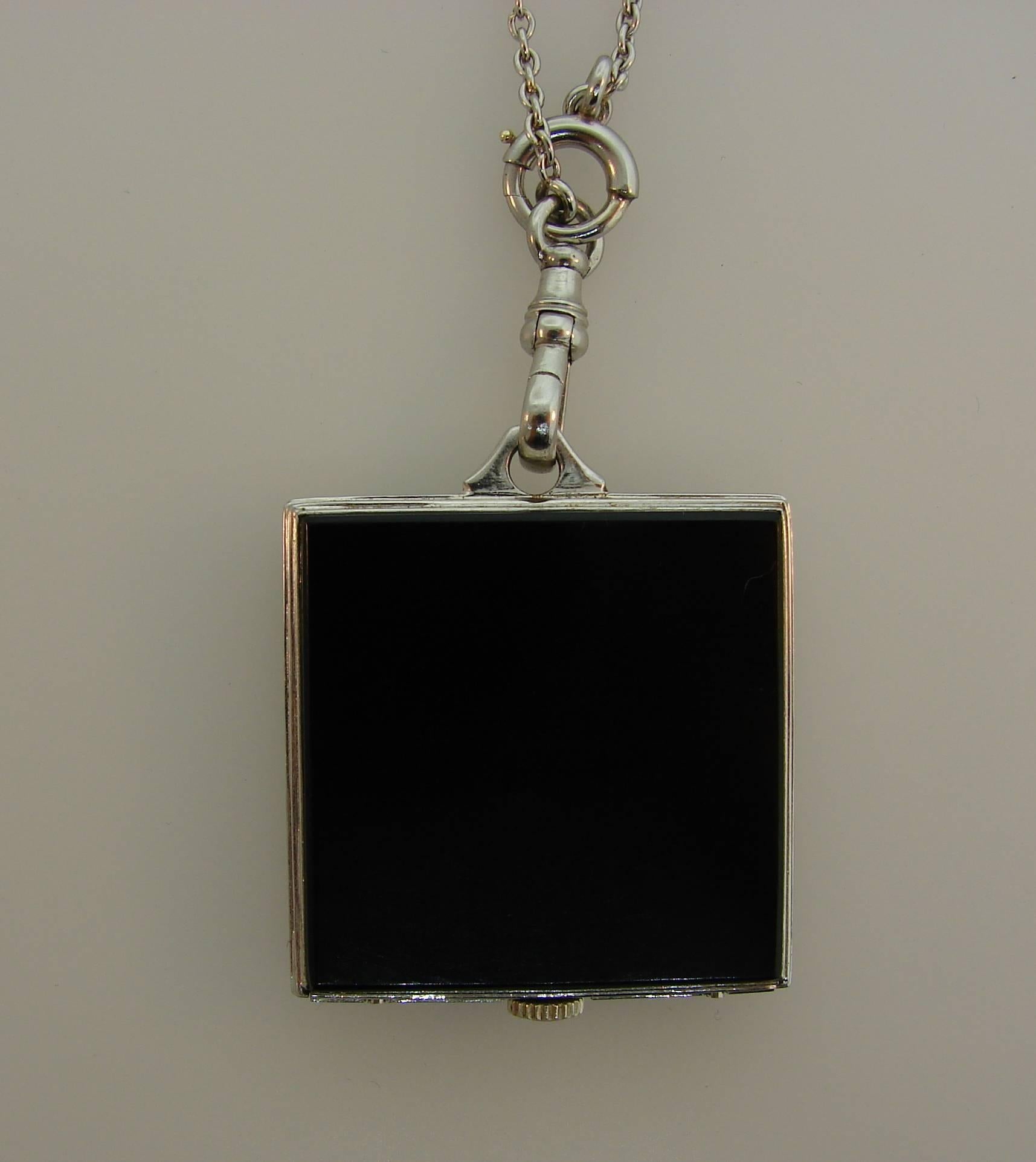 Platinum Diamond Ruby Black Onyx Pearl Pendant Watch Necklace, 1950s 3