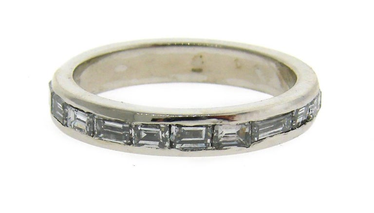 1960s Horizontal Baguette Diamond Platinum Eternity Band Ring Size 6.25 In Excellent Condition In Beverly Hills, CA
