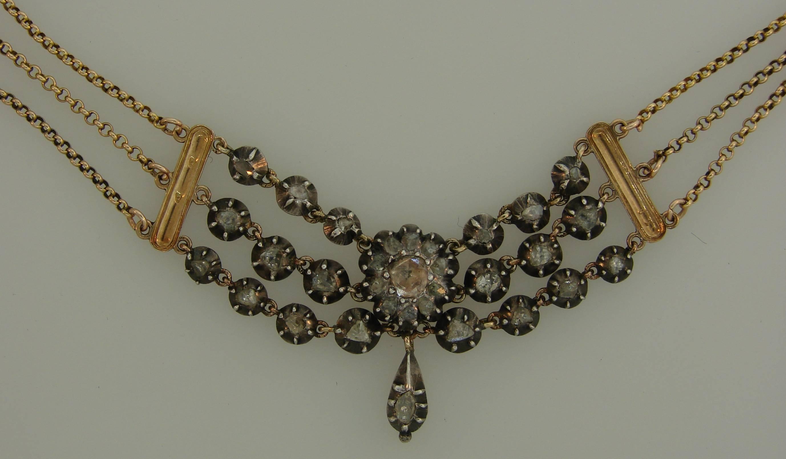 Georgianische Diamant-Silber-Gelbgold-Halskette, Französisch Damen im Angebot