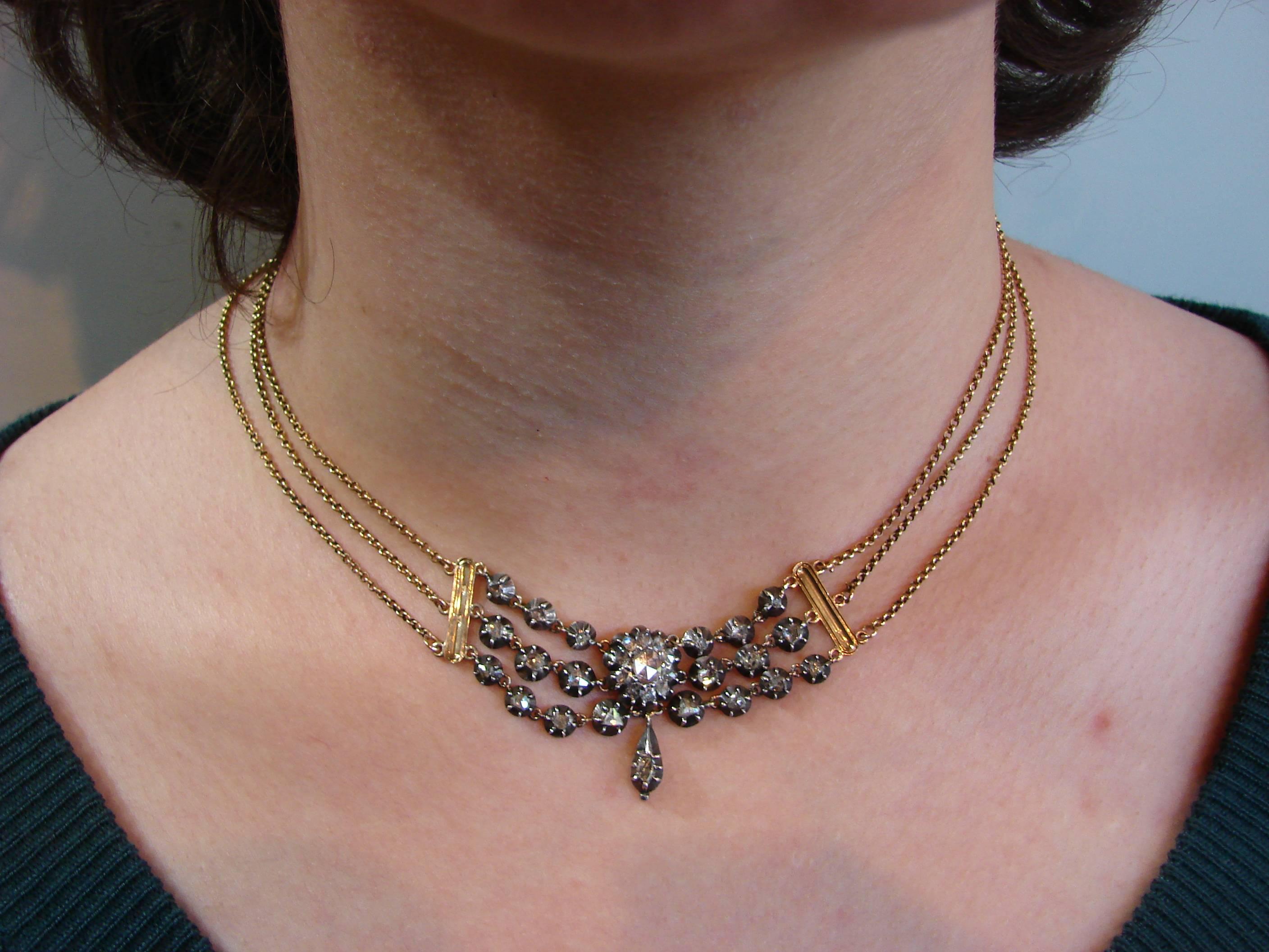 Georgianische Diamant-Silber-Gelbgold-Halskette, Französisch im Zustand „Gut“ im Angebot in Beverly Hills, CA