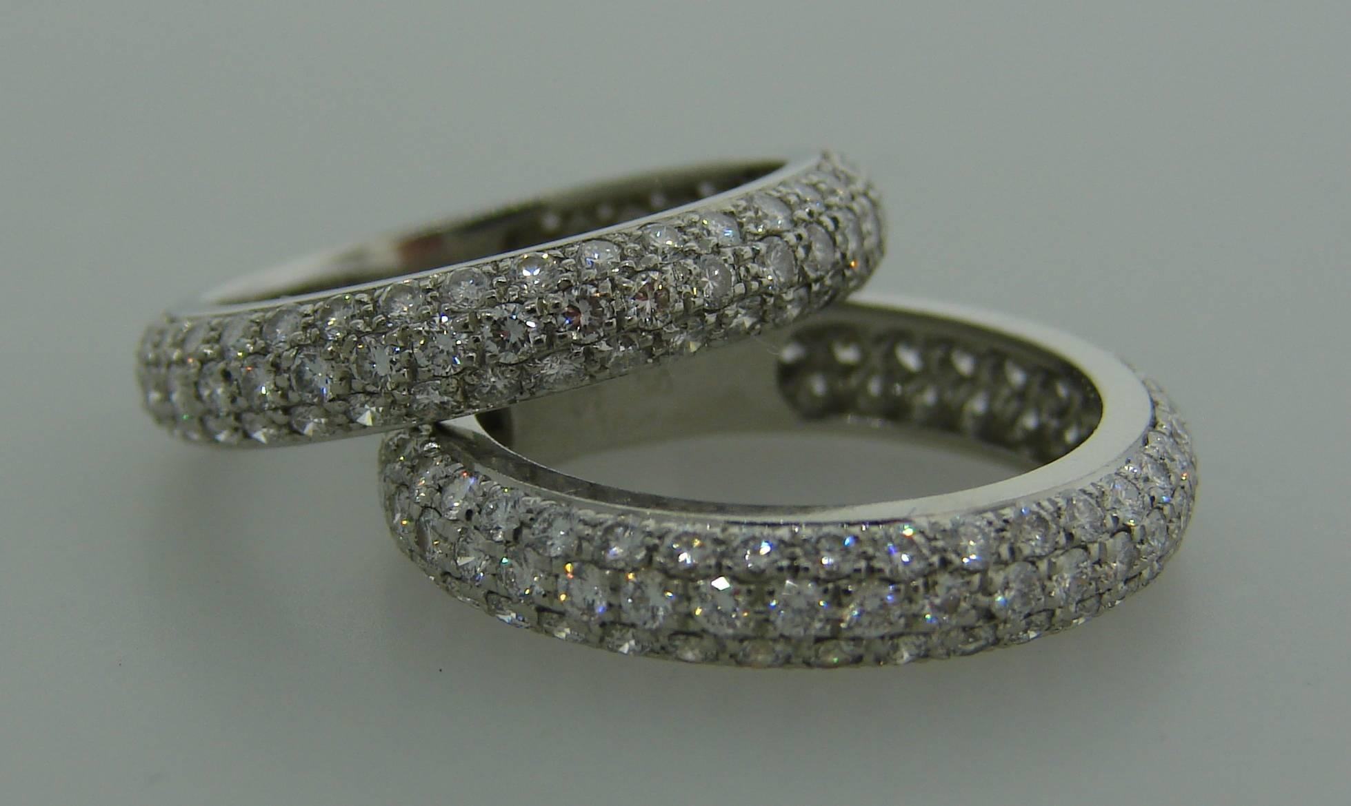 Cartier Diamond Platinum Eternity Band Ring Pair In Excellent Condition In Beverly Hills, CA