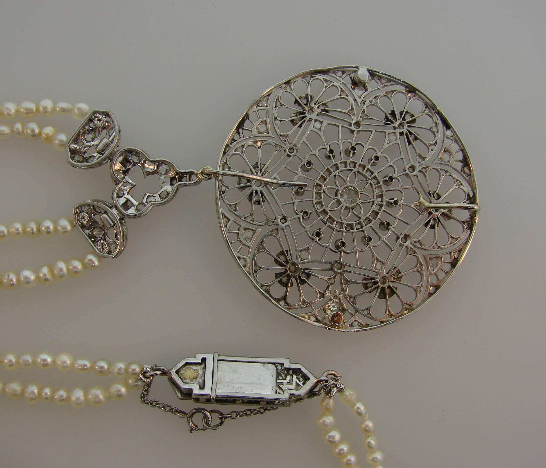 Women's Edwardian Diamond Seed Pearl Platinum Pendant Necklace