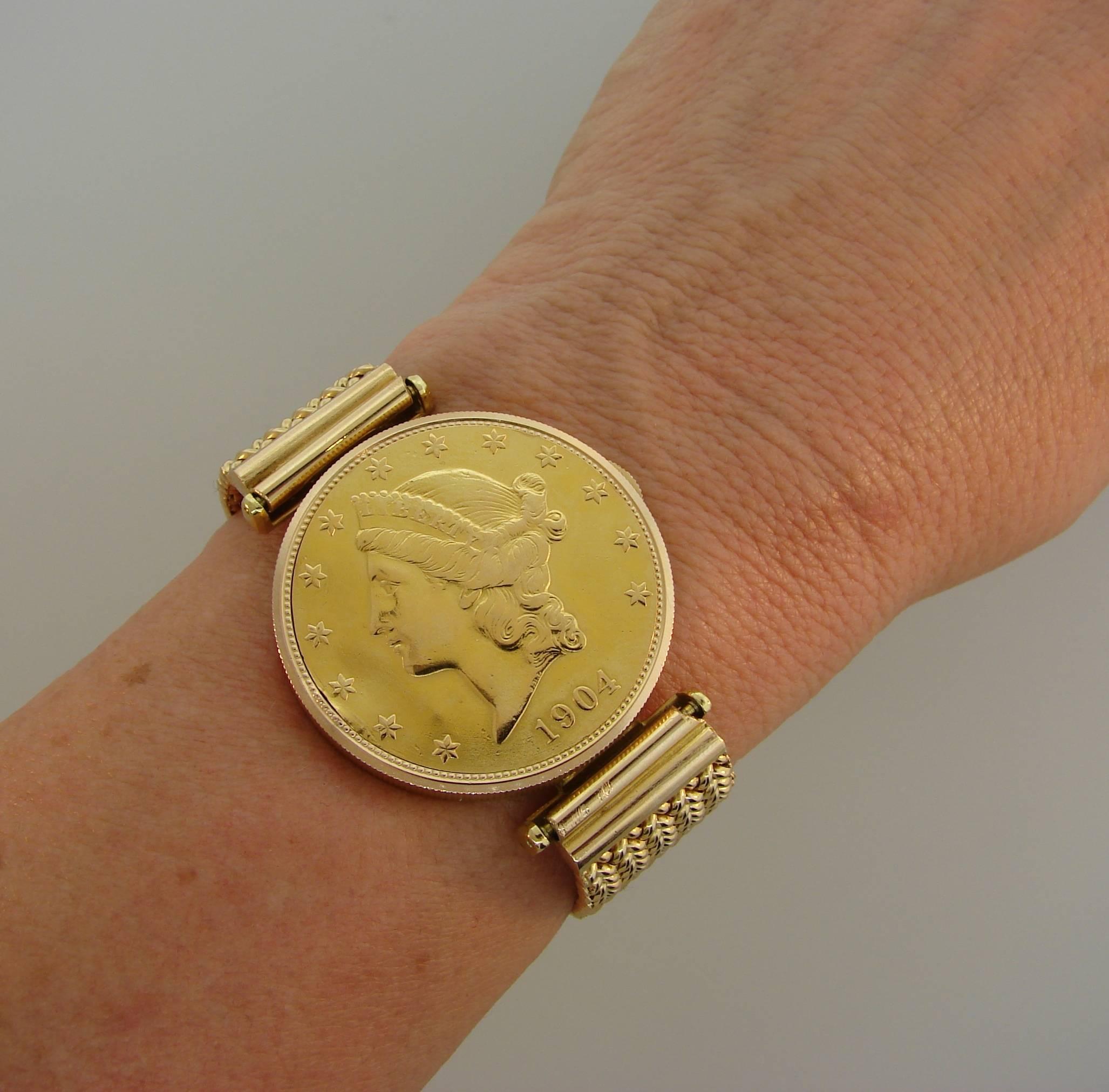 Unusual 1904 US Twenty Dollar Gold Coin watch created by Corum. Unique, classy and elegant,  it is a great addition to your watch and jewelry collection.
33 mm case, Swiss made, mechanical movement, manual wind. All parts are original Corum. One