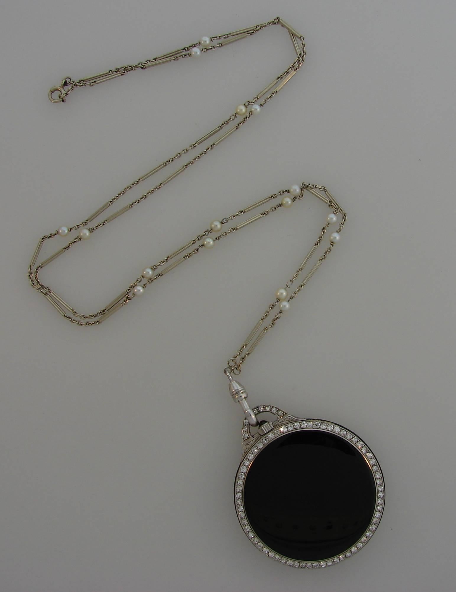 Art Deco Diamond Onyx White Gold Watch Pendant on Pearl Gold Chain Necklace In Good Condition In Beverly Hills, CA