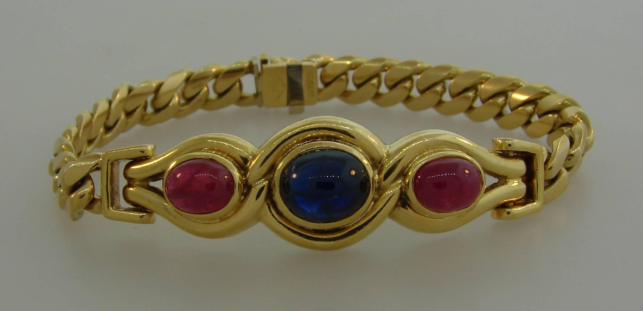 Bulgari Sapphire Ruby Yellow Gold Link Bracelet Bvlgari, 1980s In Excellent Condition In Beverly Hills, CA