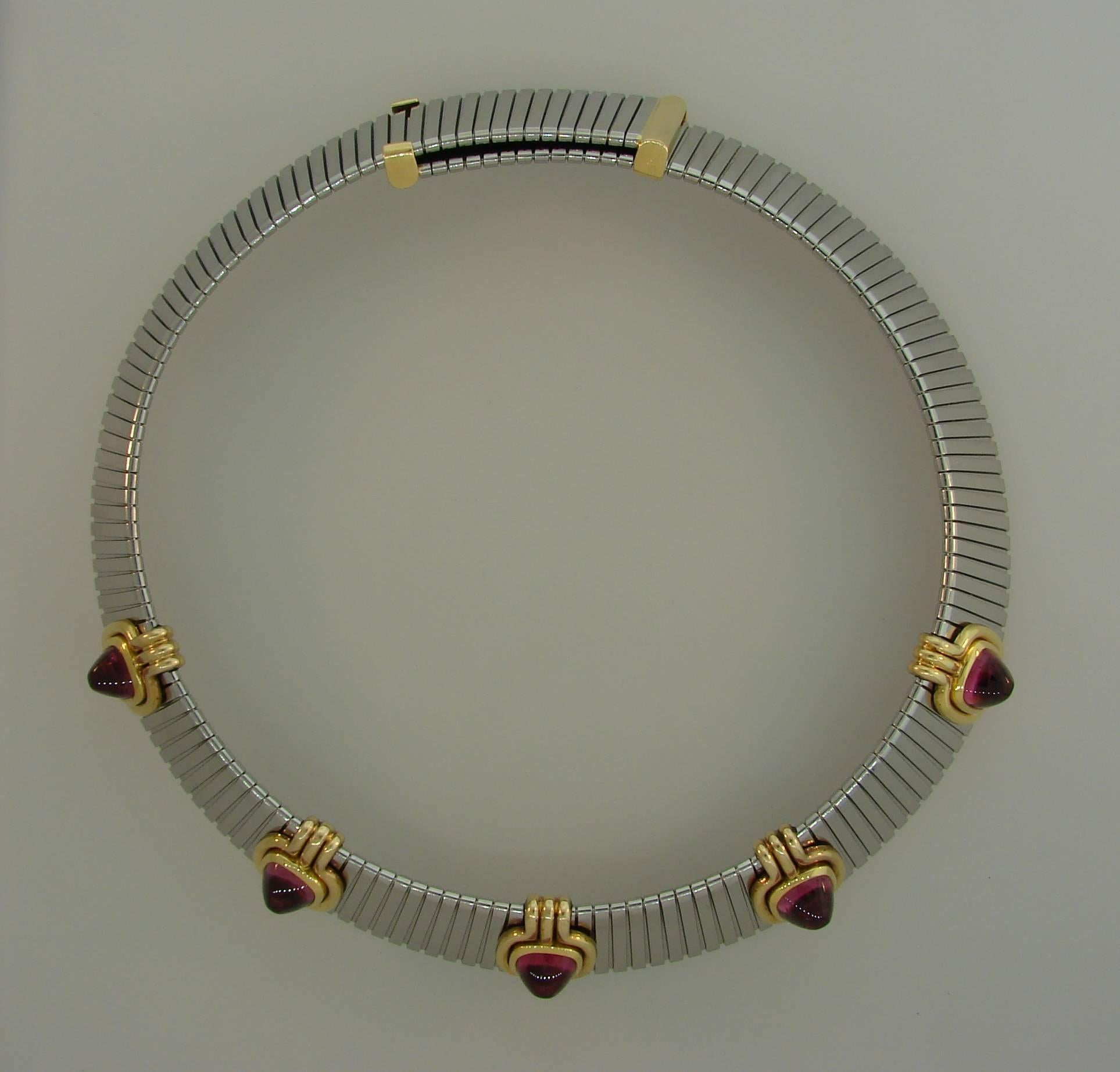 Bulgari Pink Tourmaline Gold Stainless Steel Tubogas Necklace Bvlgari, 1980s In Excellent Condition In Beverly Hills, CA