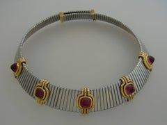 Bulgari Pink Tourmaline Gold Stainless Steel Tubogas Necklace Bvlgari, 1980s