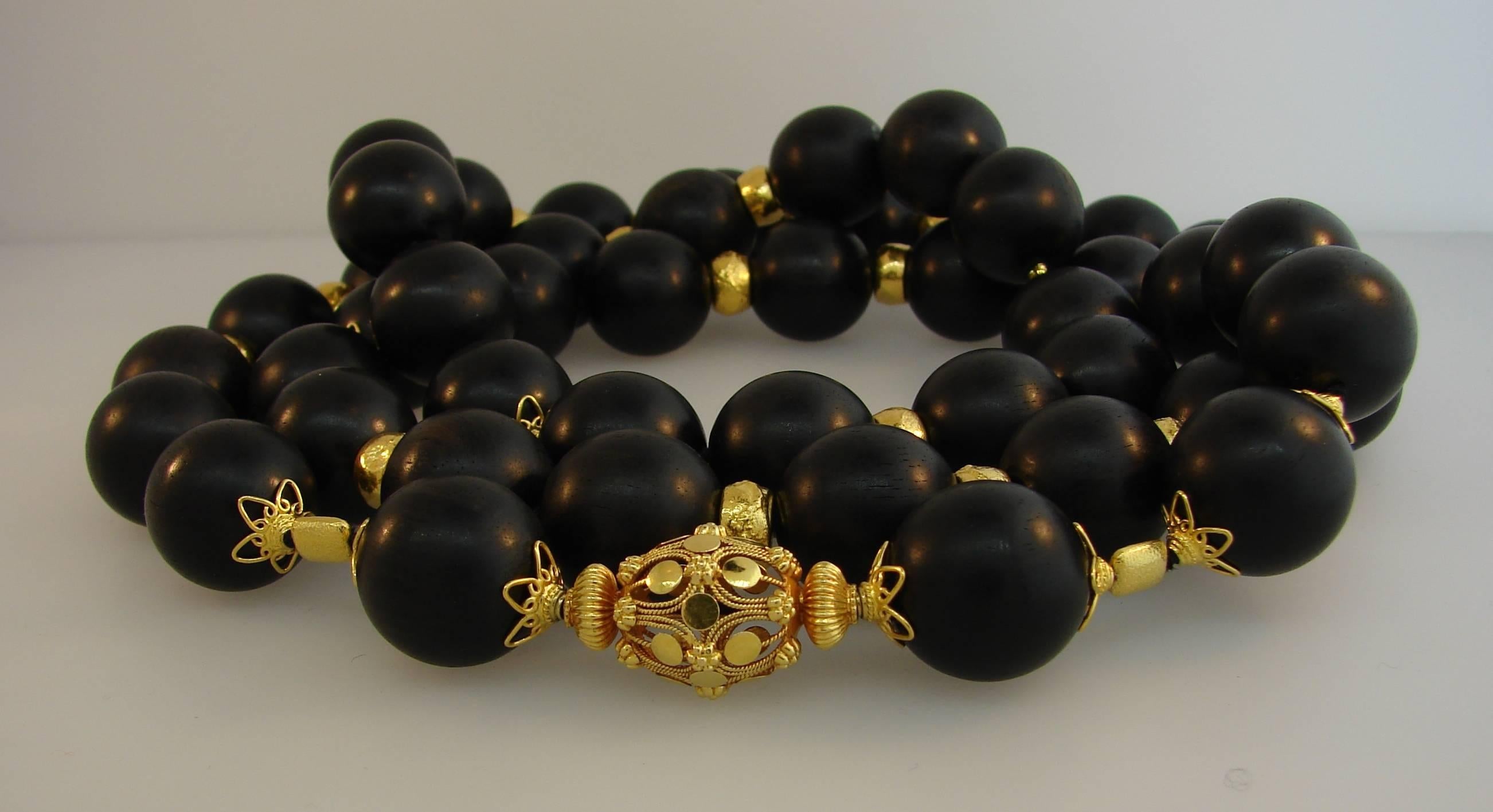 Verdura Ebony Wood Bead Strand Necklace with Yellow Gold Clasp and Rondelles In Excellent Condition In Beverly Hills, CA