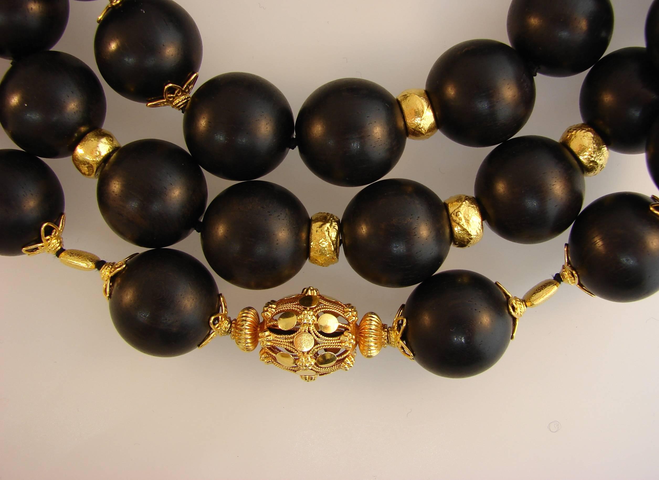 Verdura Ebony Wood Bead Strand Necklace with Yellow Gold Clasp and Rondelles 1