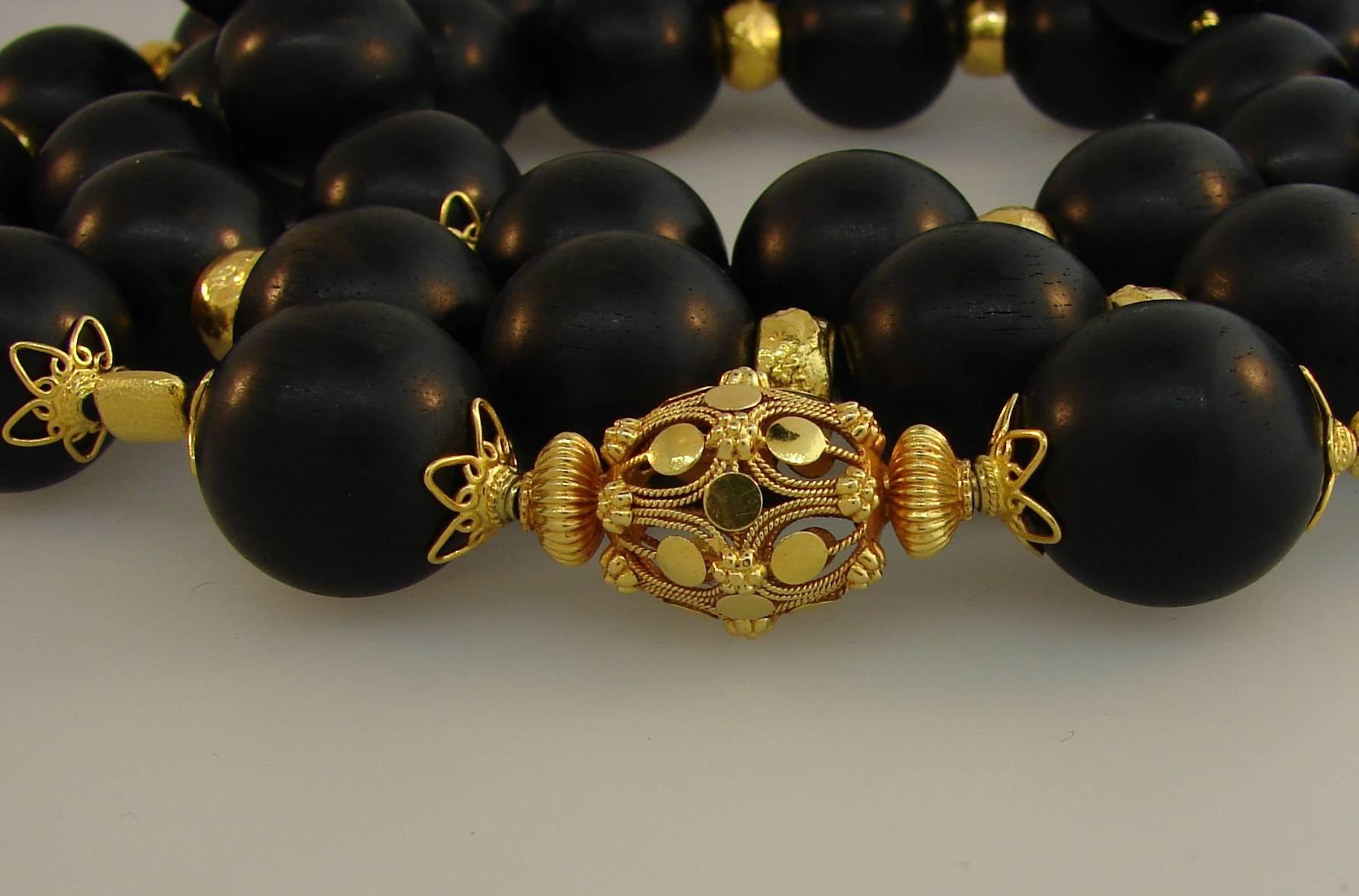 Women's Verdura Ebony Wood Bead Strand Necklace with Yellow Gold Clasp and Rondelles