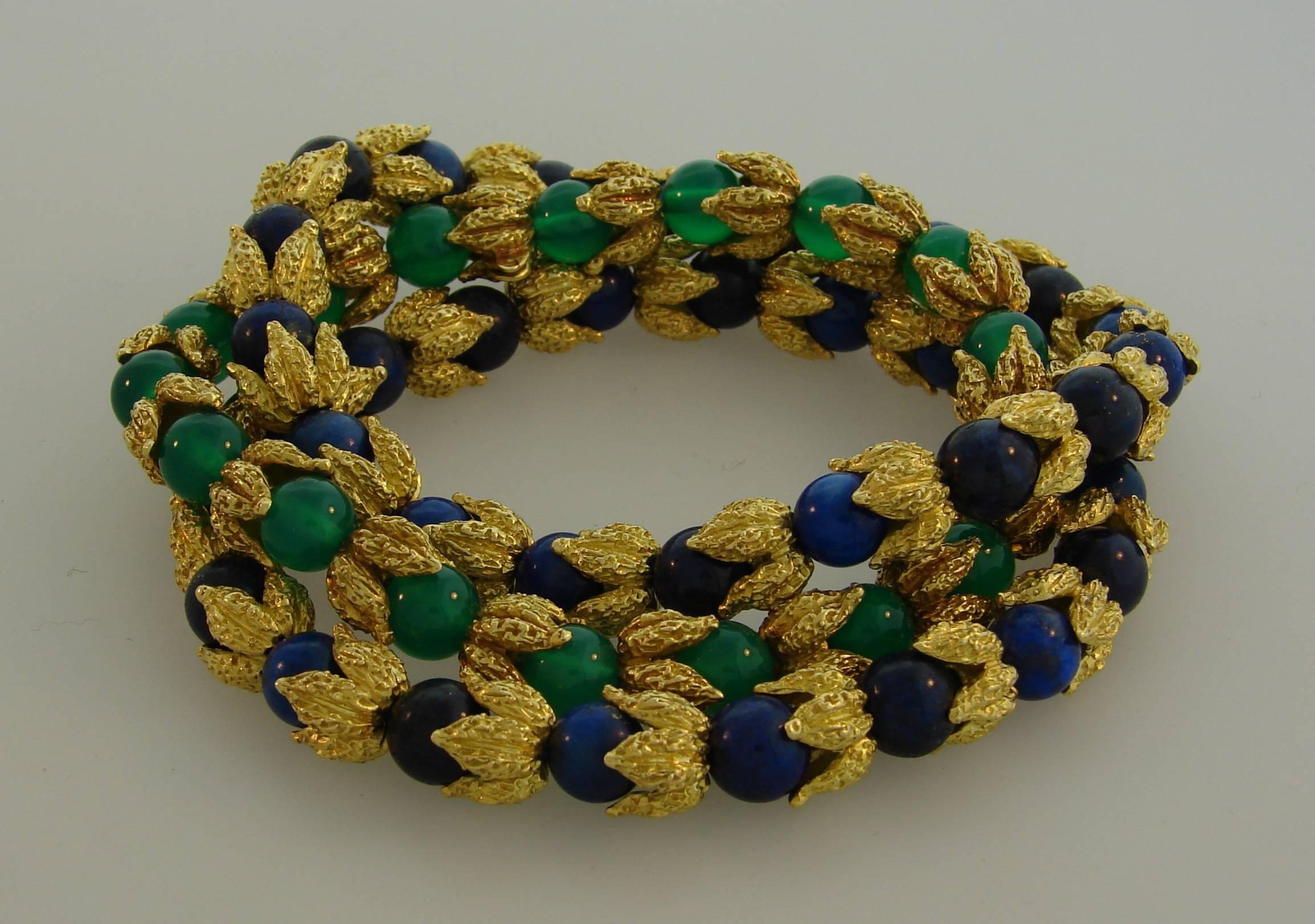 1970s French Chrysophrase Sodalite Yellow Gold Bead Bracelet Trio In Excellent Condition In Beverly Hills, CA