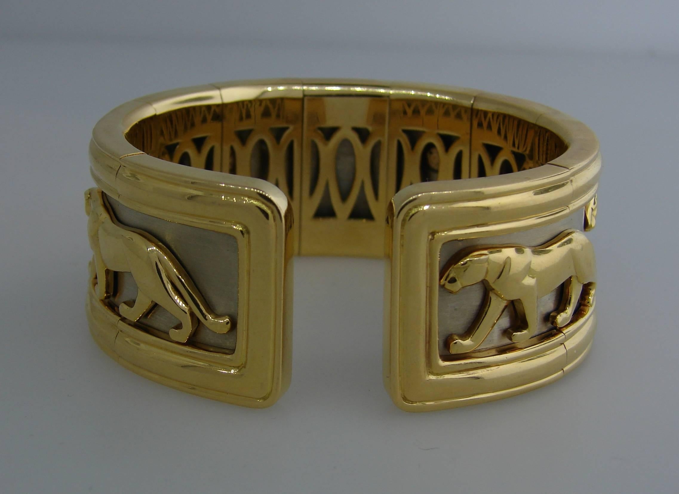 Women's or Men's Cartier Yellow and White Gold Panthere Cuff Bangle Bracelet