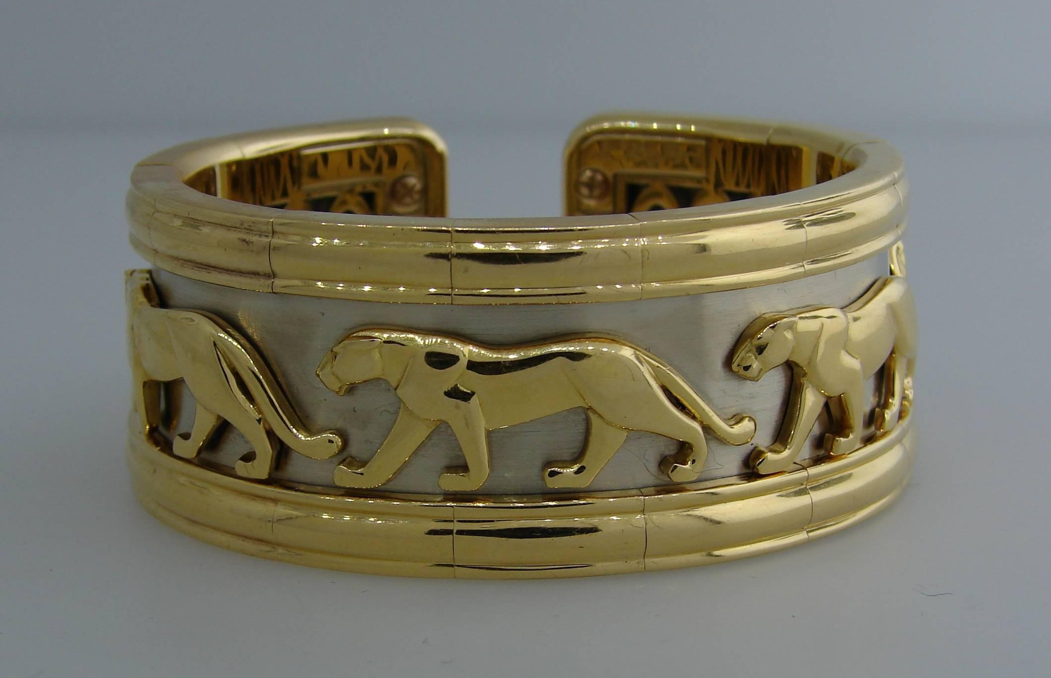 Cartier Yellow and White Gold Panthere Cuff Bangle Bracelet In Excellent Condition In Beverly Hills, CA
