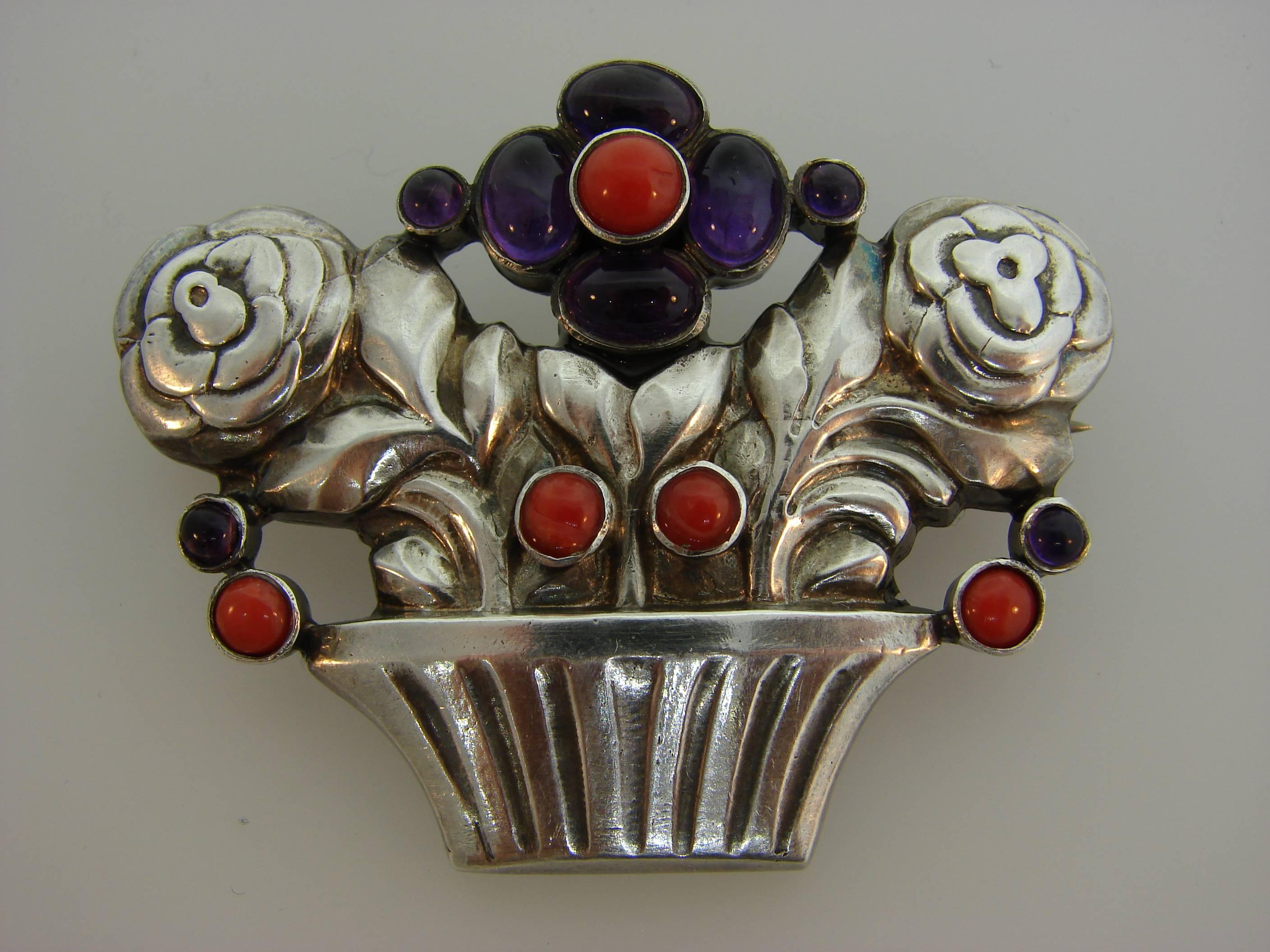 Women's or Men's Georg Jensen Amethyst Coral Silver Flower Basket Pin Brooch Clip No. 67