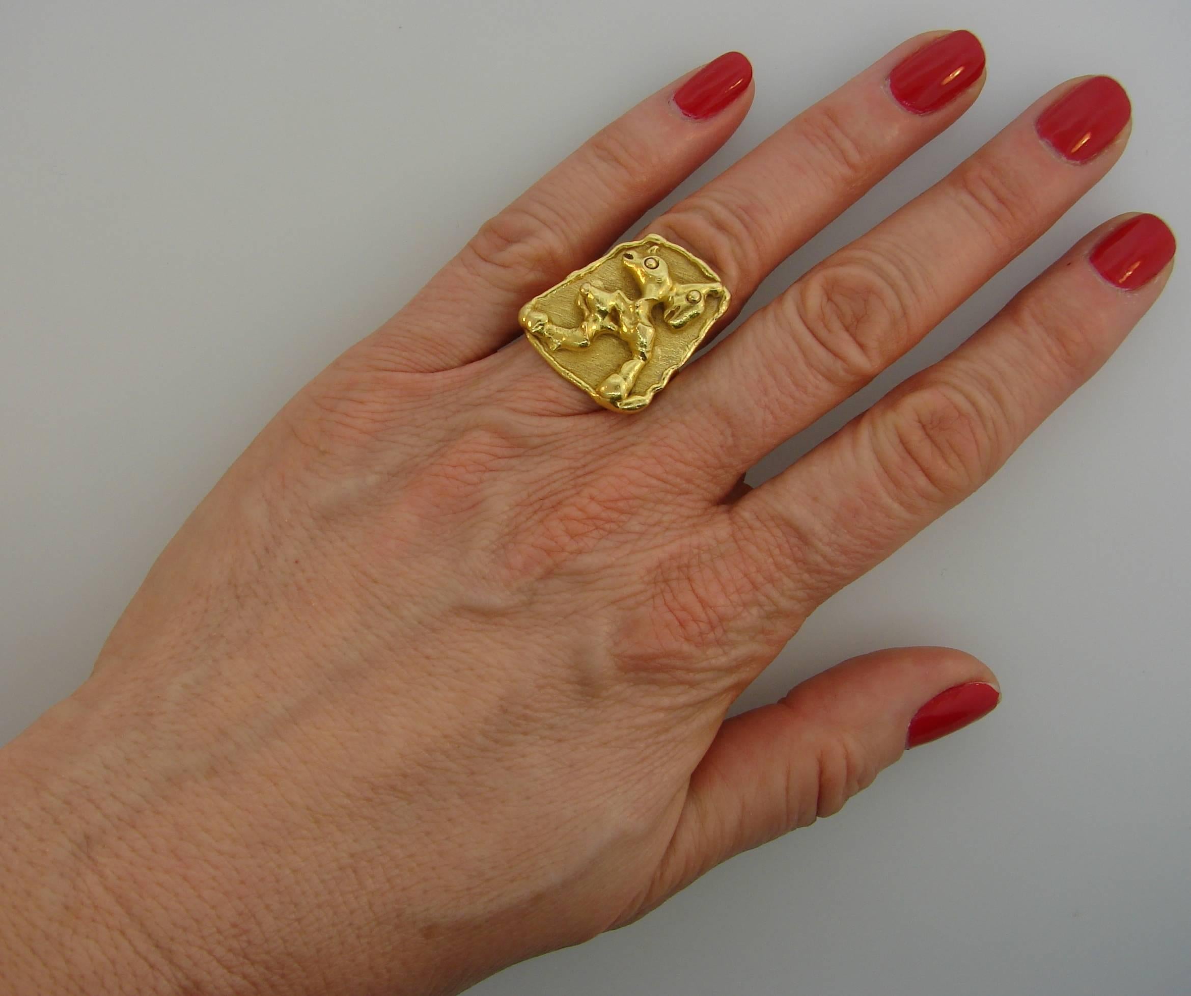 Bold and architectural ring created by Jean Mahie in the 1980s. Wearable and stylish, the ring is a great addition to your jewelry collection. 
The top measures 1 x 7/8 inches (2.5 x 2.2 cm). 
The ring is size 5 and is re-sizable. It weighs 16.3