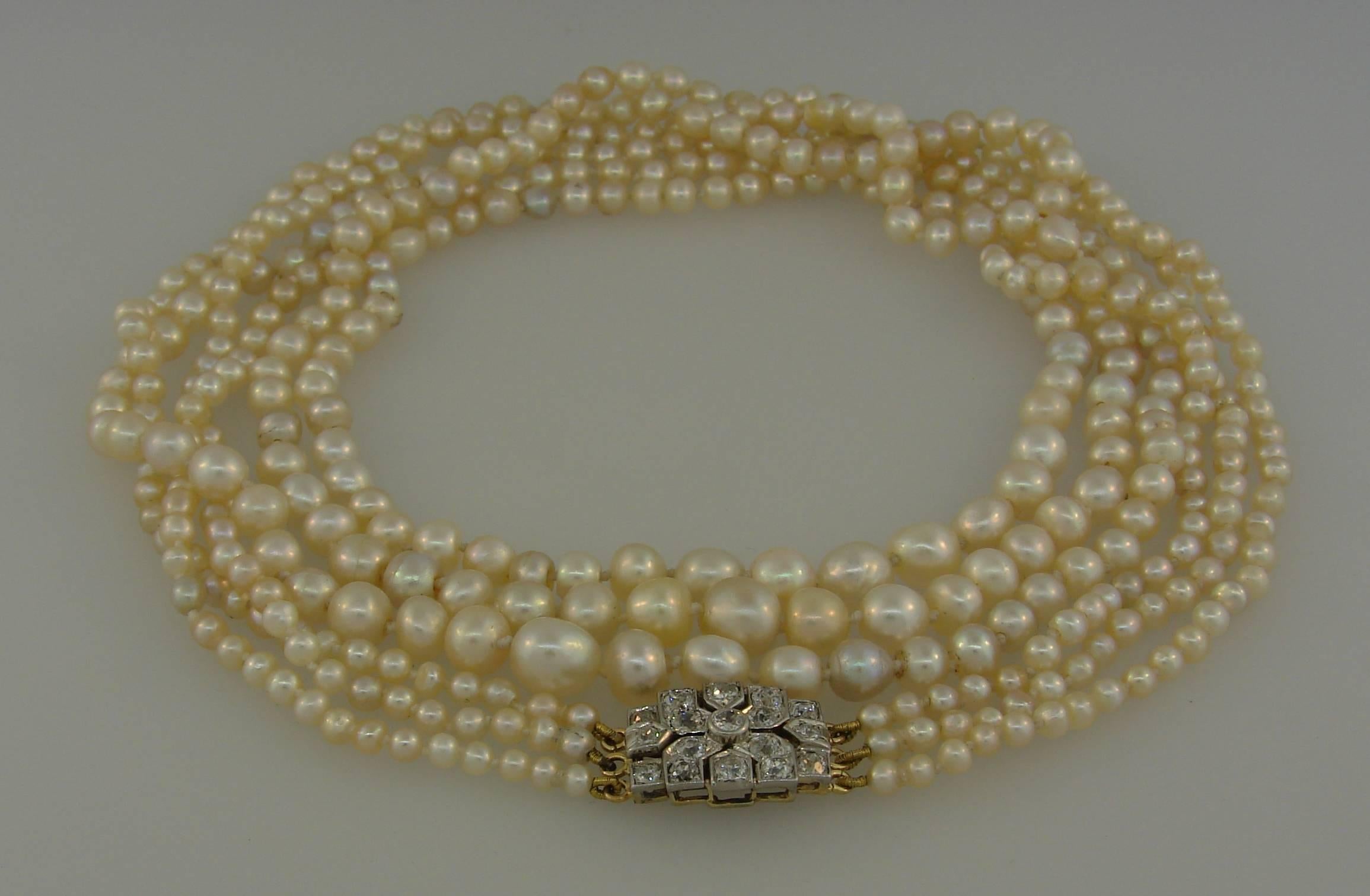 Mixed Cut Victorian Natural Saltwater Pearl Necklace with Diamond Clasp For Sale