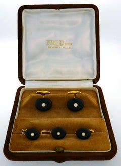 Fred Paris Yellow Gold Jet Cufflink Stud Set with Diamond