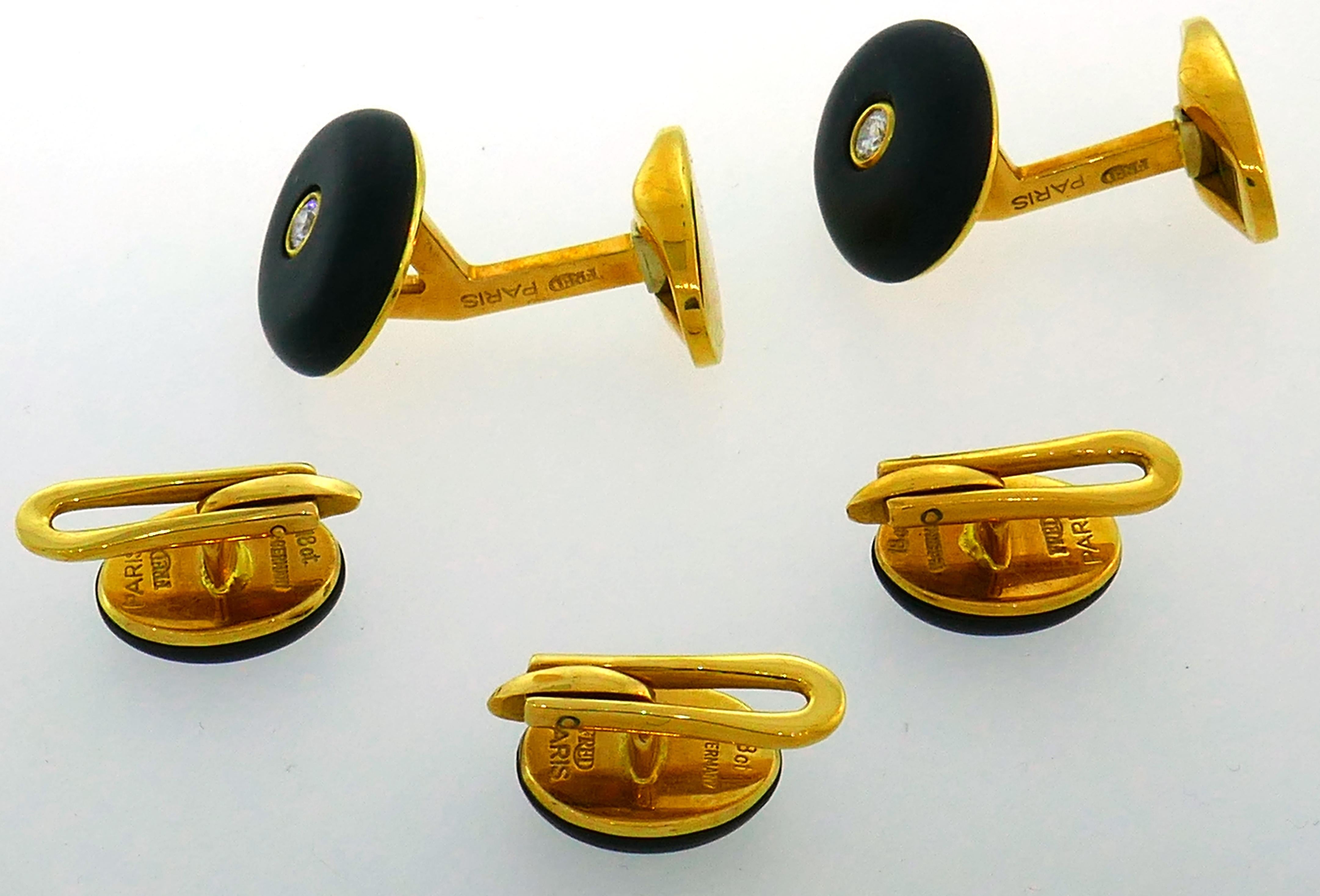 Fred Paris Yellow Gold Jet Cufflink Stud Set with Diamond In Excellent Condition In Beverly Hills, CA