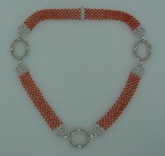 1910s Edwardian Coral Bead Diamond Platinum Necklace