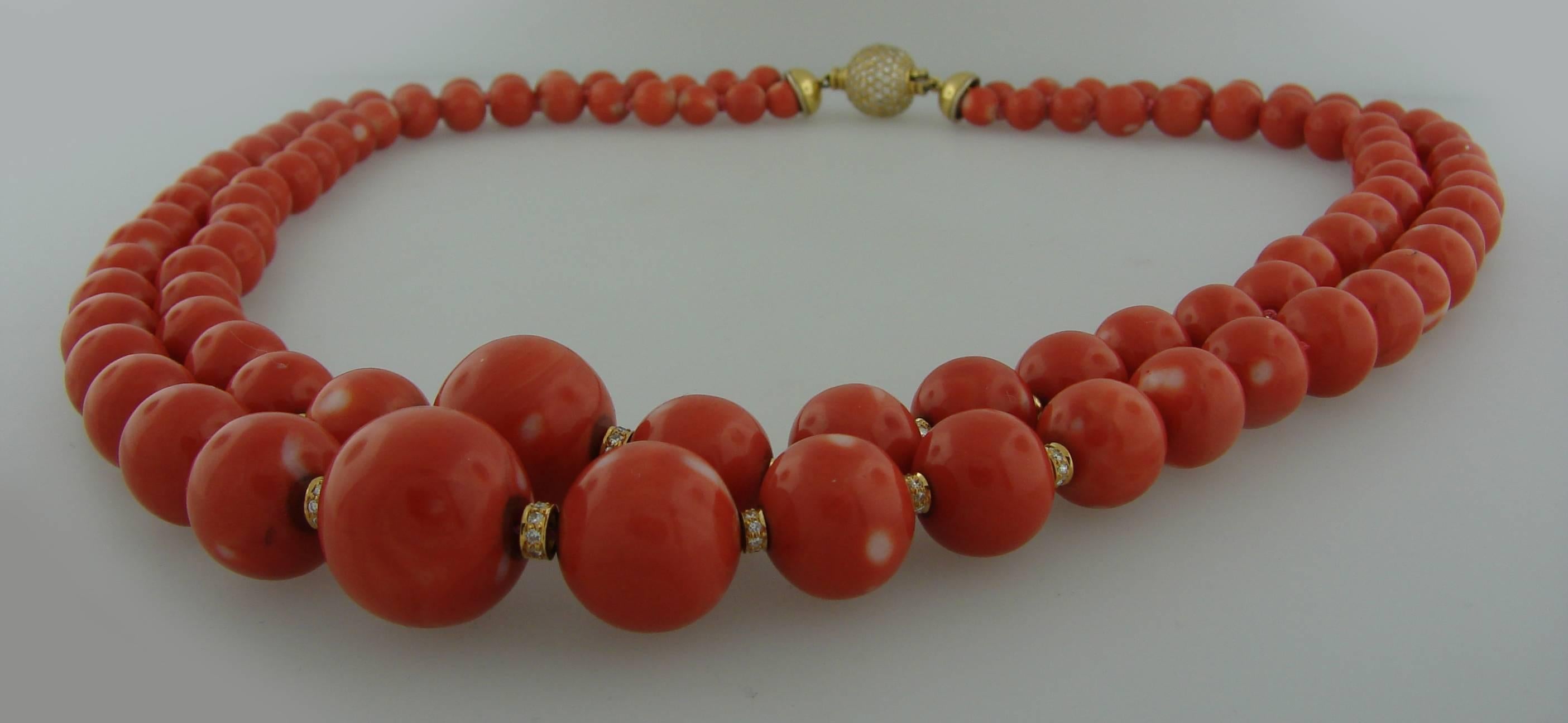 c.1970s Coral Bead Necklace with Diamond & Yellow Gold Clasp by SALAVETTI 1