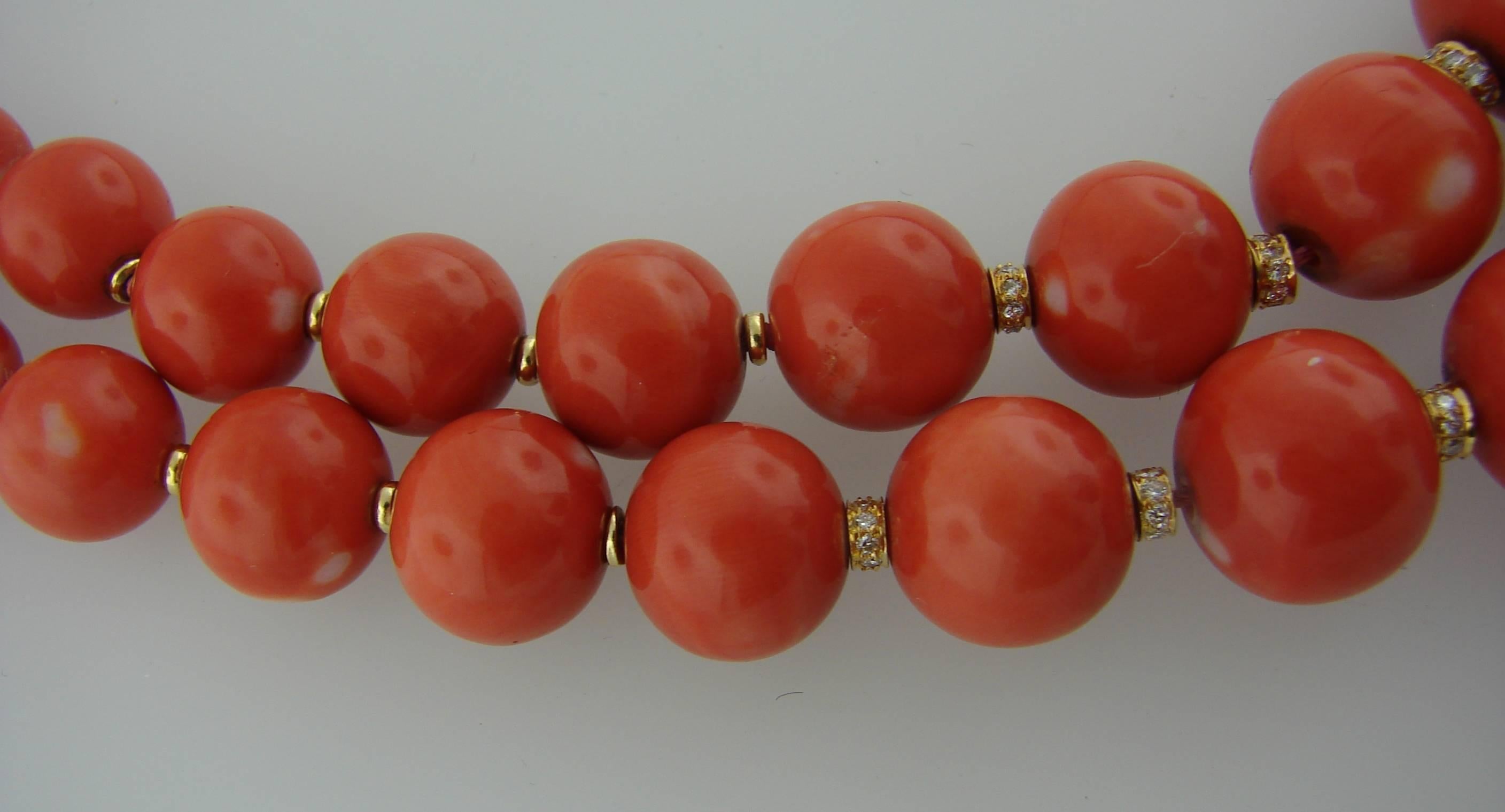 c.1970s Coral Bead Necklace with Diamond & Yellow Gold Clasp by SALAVETTI 2