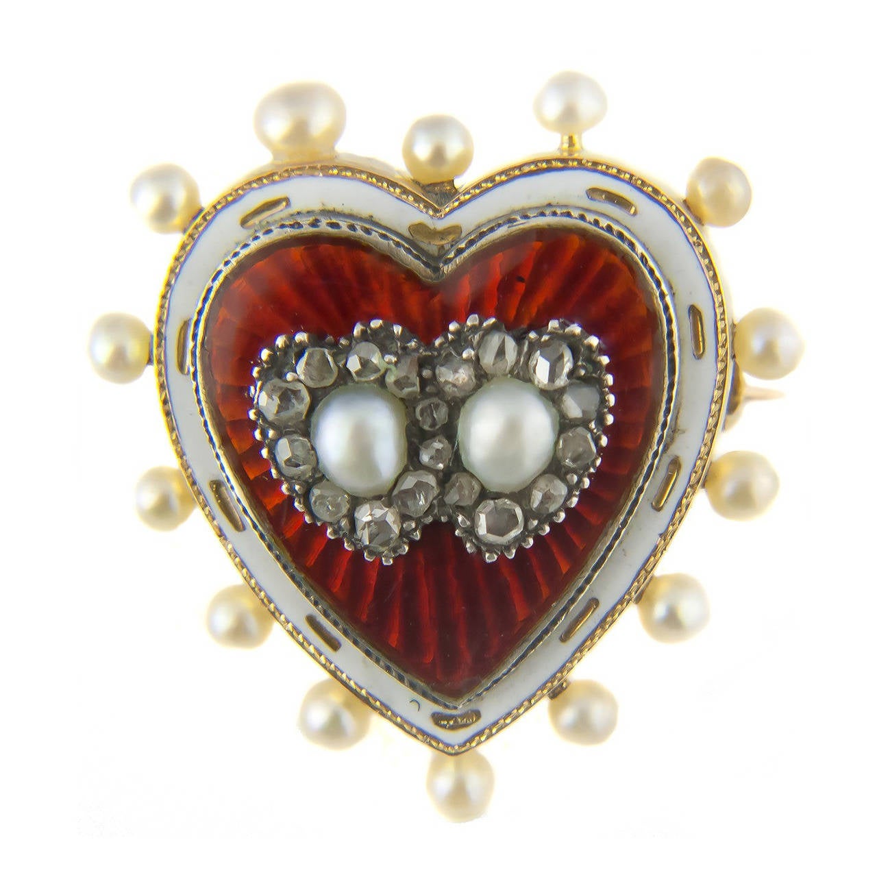 Antique Victorian Enamel Natural Pearl Silver Gold Heart Pendant/Brooch For Sale
