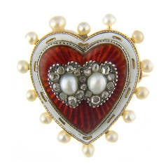 Antique Victorian Enamel Natural Pearl Silver Gold Heart Pendant/Brooch
